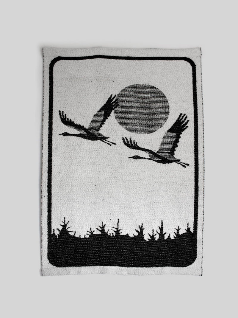 Vintage Finnish wool tapestry with flying cranes and forest scene