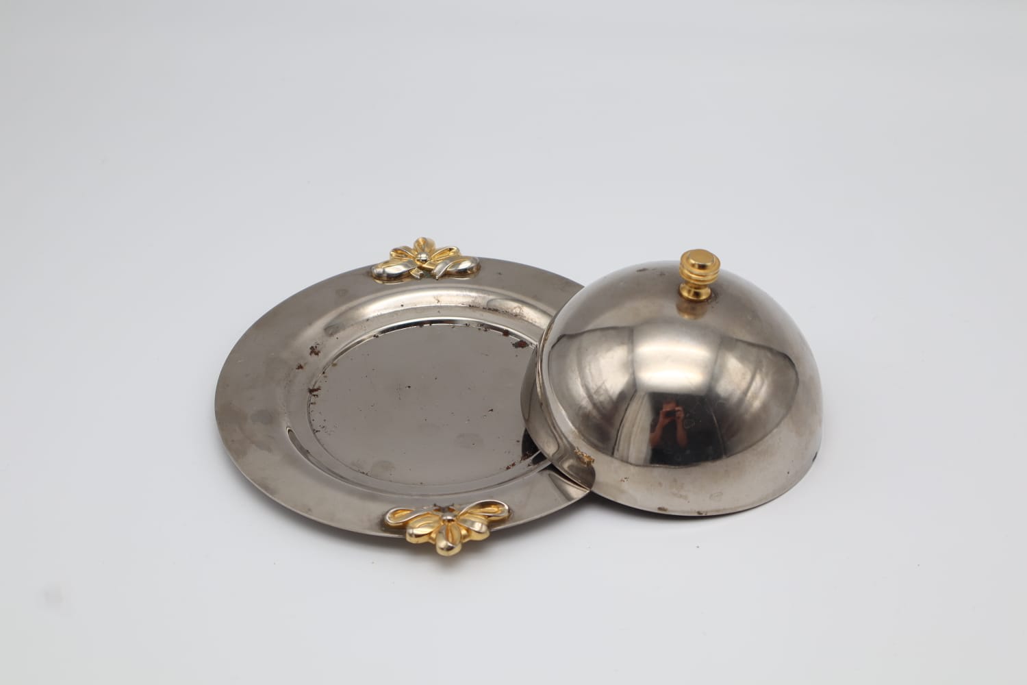 Vintage Silver-Plated Cloche with Gold Ribbon Accents – Circa 1970 — side angle