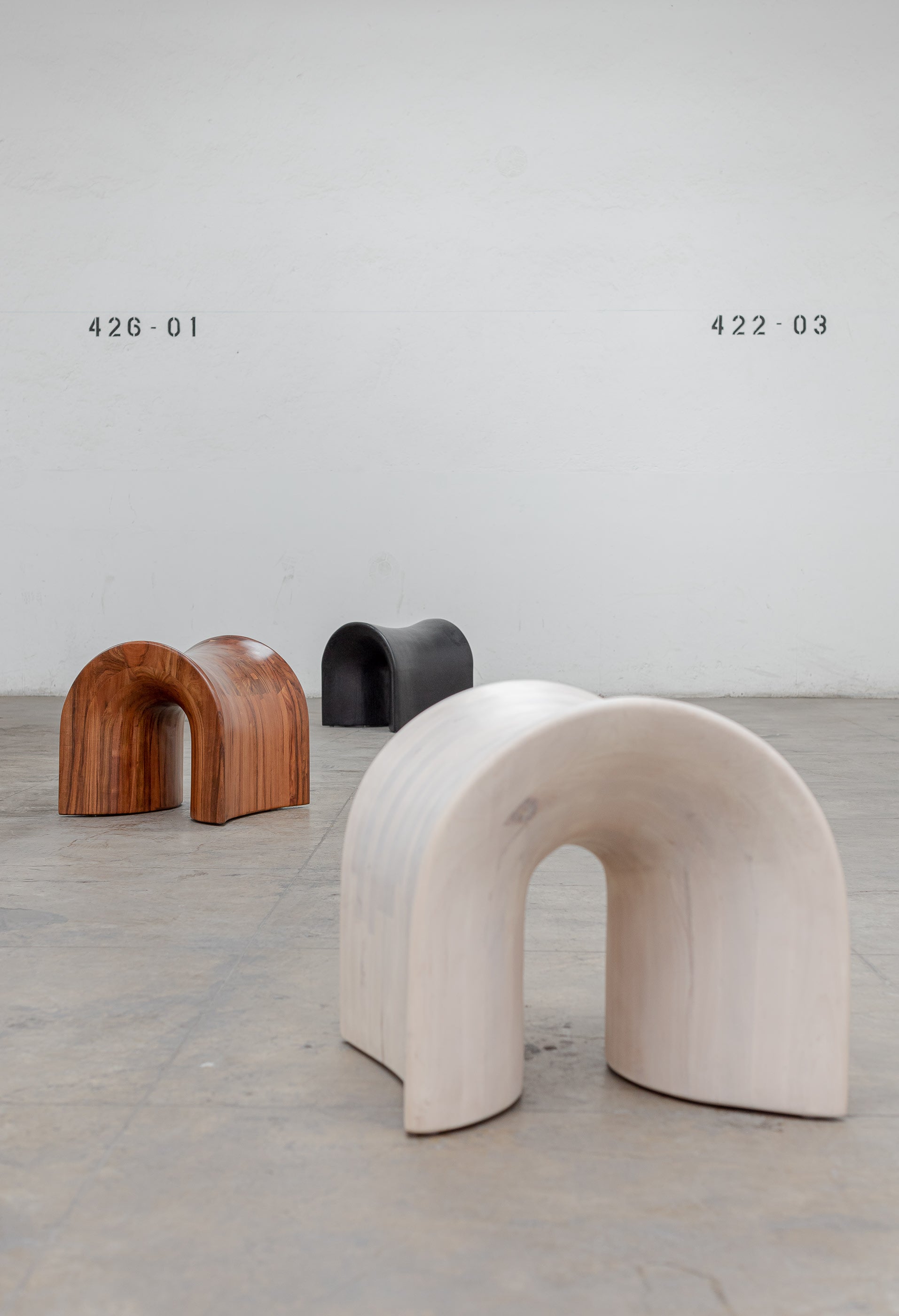 TORO Oak Stool — three stools in natural wood and black finish