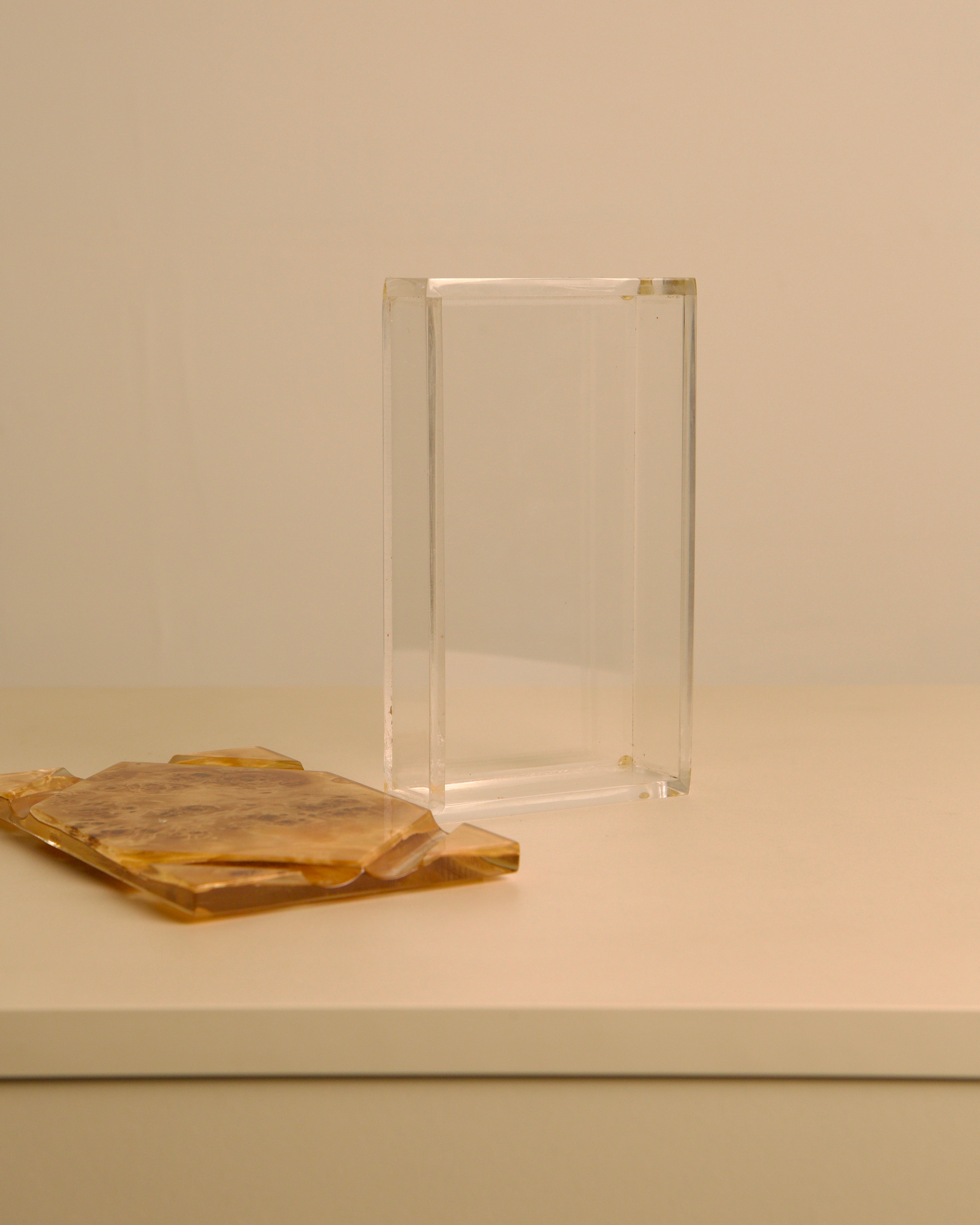 Italian plexiglass box with amber burl wood lid, 1970s — alternate view