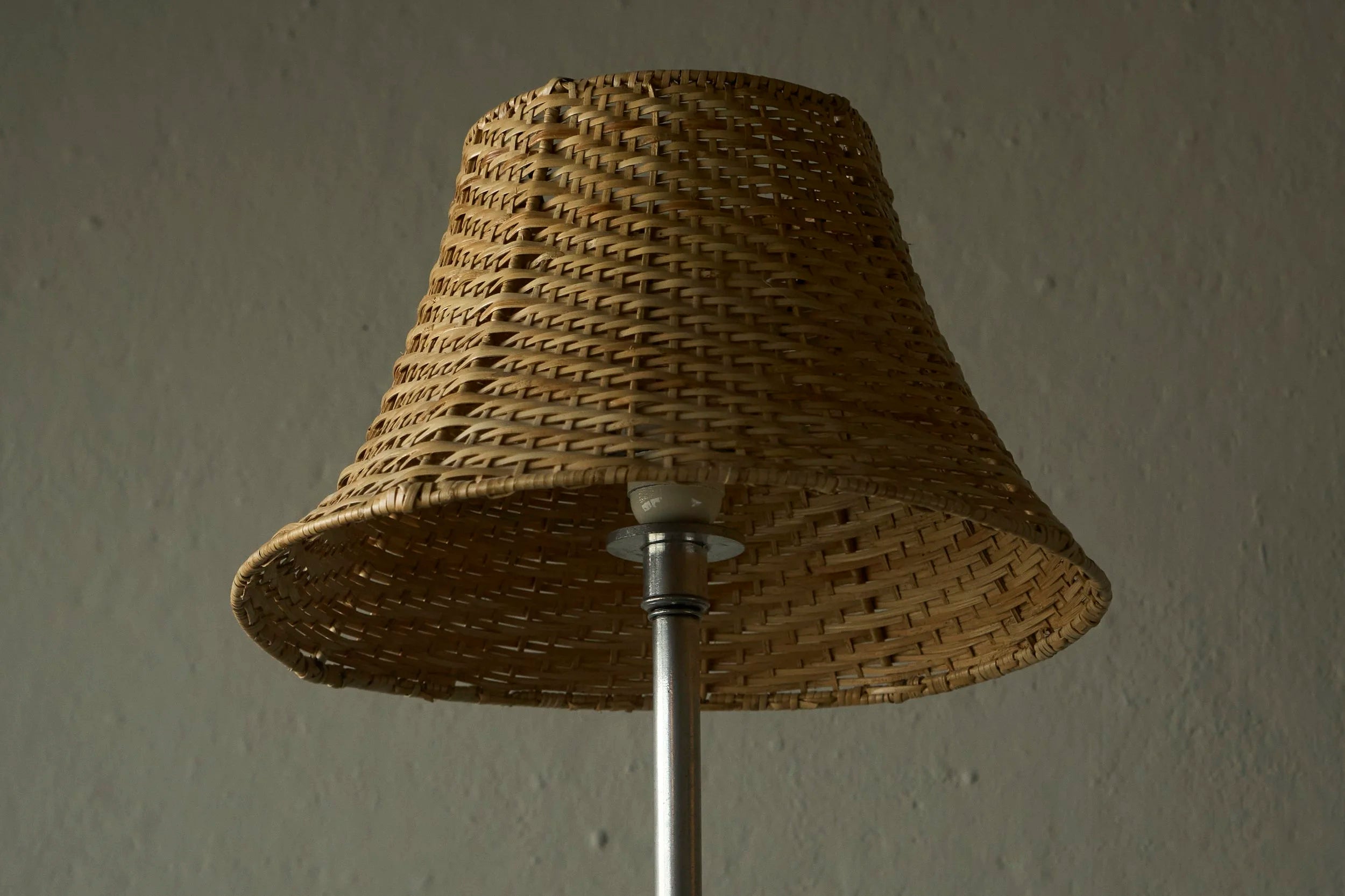 Swedish Grace Table Lamp with Rattan Shade, Sweden 1930s–1940s — side angle
