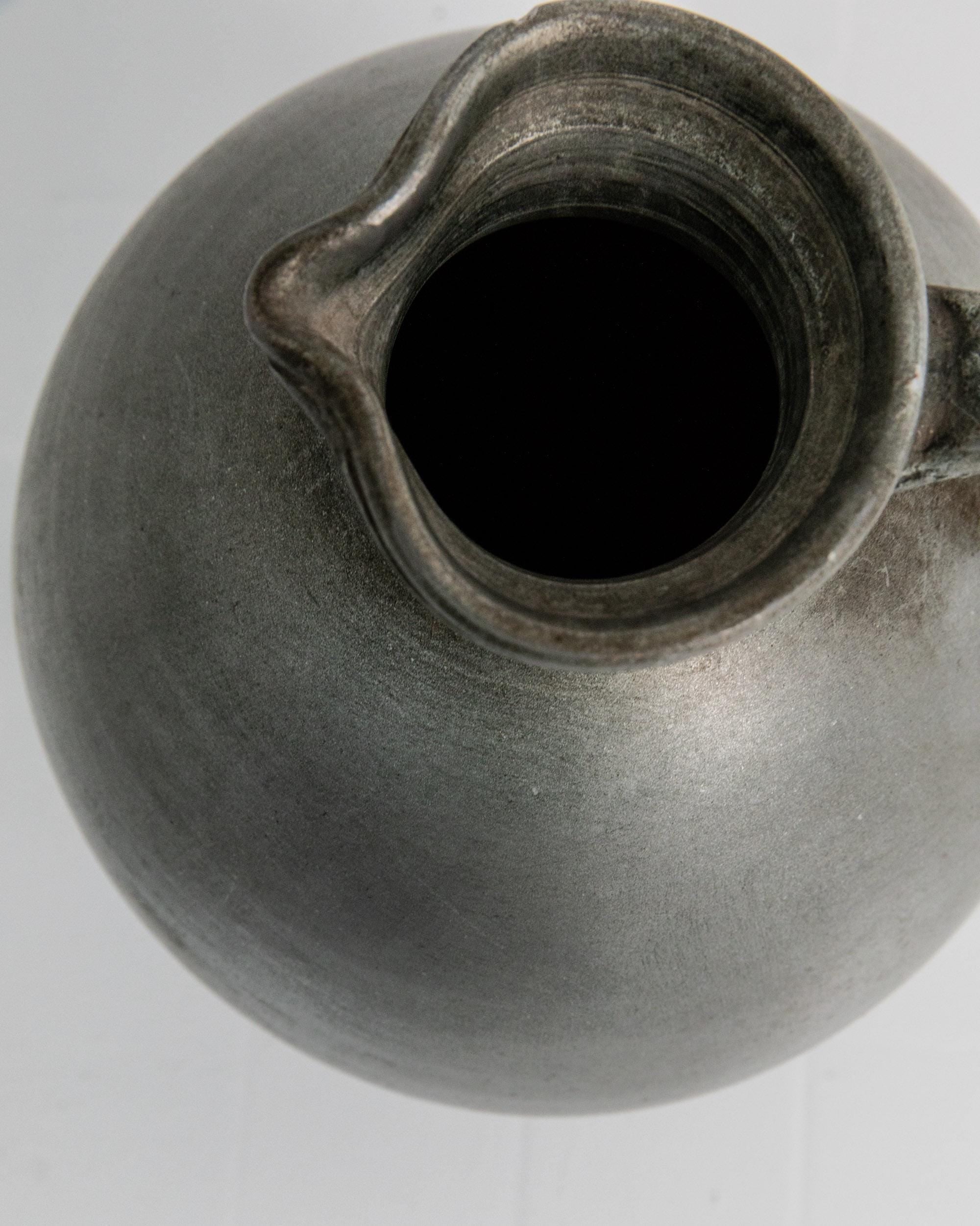 Vintage 1960s Studio Ceramic Vase with Handle, Large Rounded Form with Silver Glaze, Timeless Design, handmade Pottery, Elegant Gift Idea — close-up