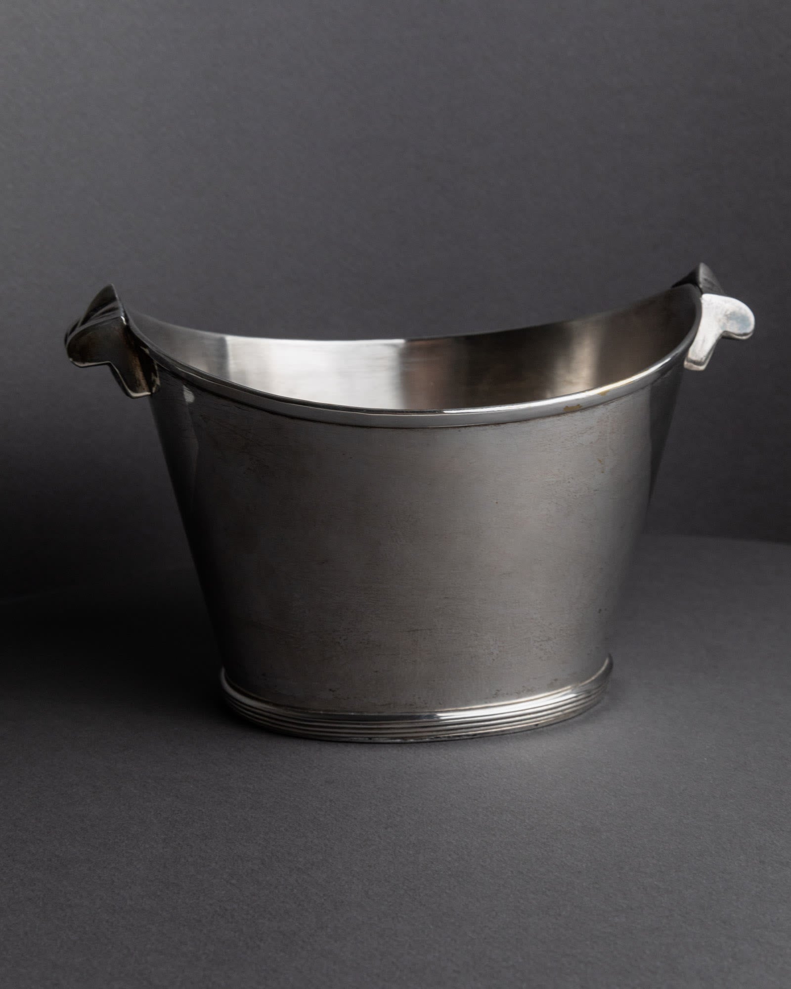 Vintage 1940s Silver Plated Champagne Cooler, Classic Form for Wine or Drinks — angled view on gray background