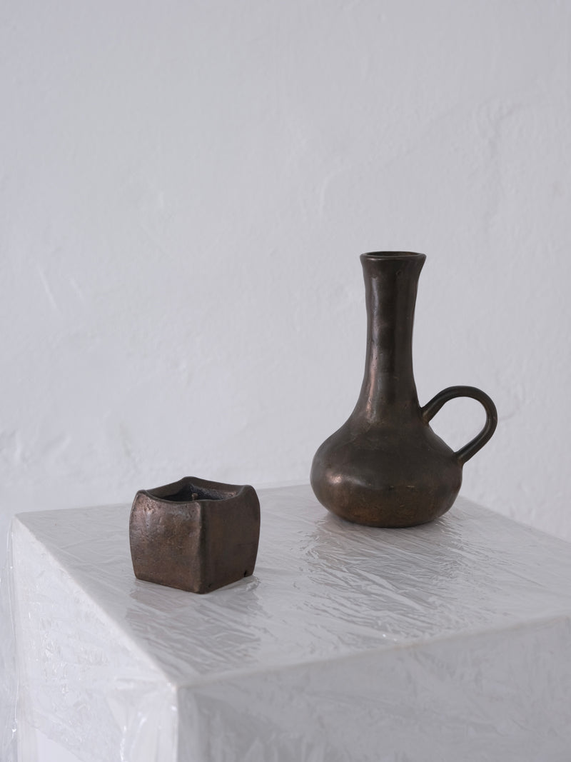 Brutalist Cast Bronze Candle Holder & Vase Set, 1970s by Veter Vintage | The Oblist — handcrafted bronze finish