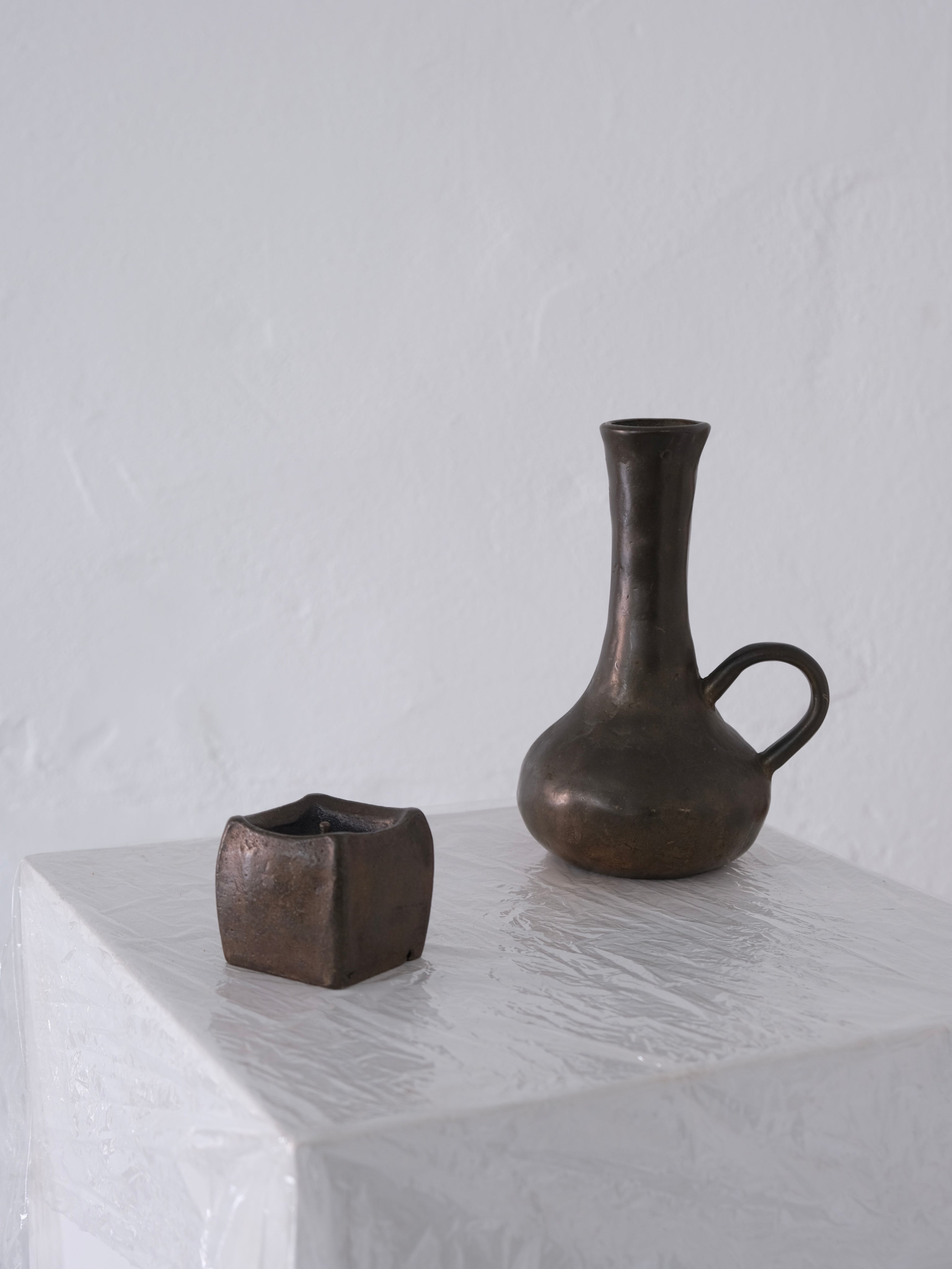 Brutalist Cast Bronze Candle Holder & Vase Set, 1970s by Veter Vintage | The Oblist — handcrafted bronze finish