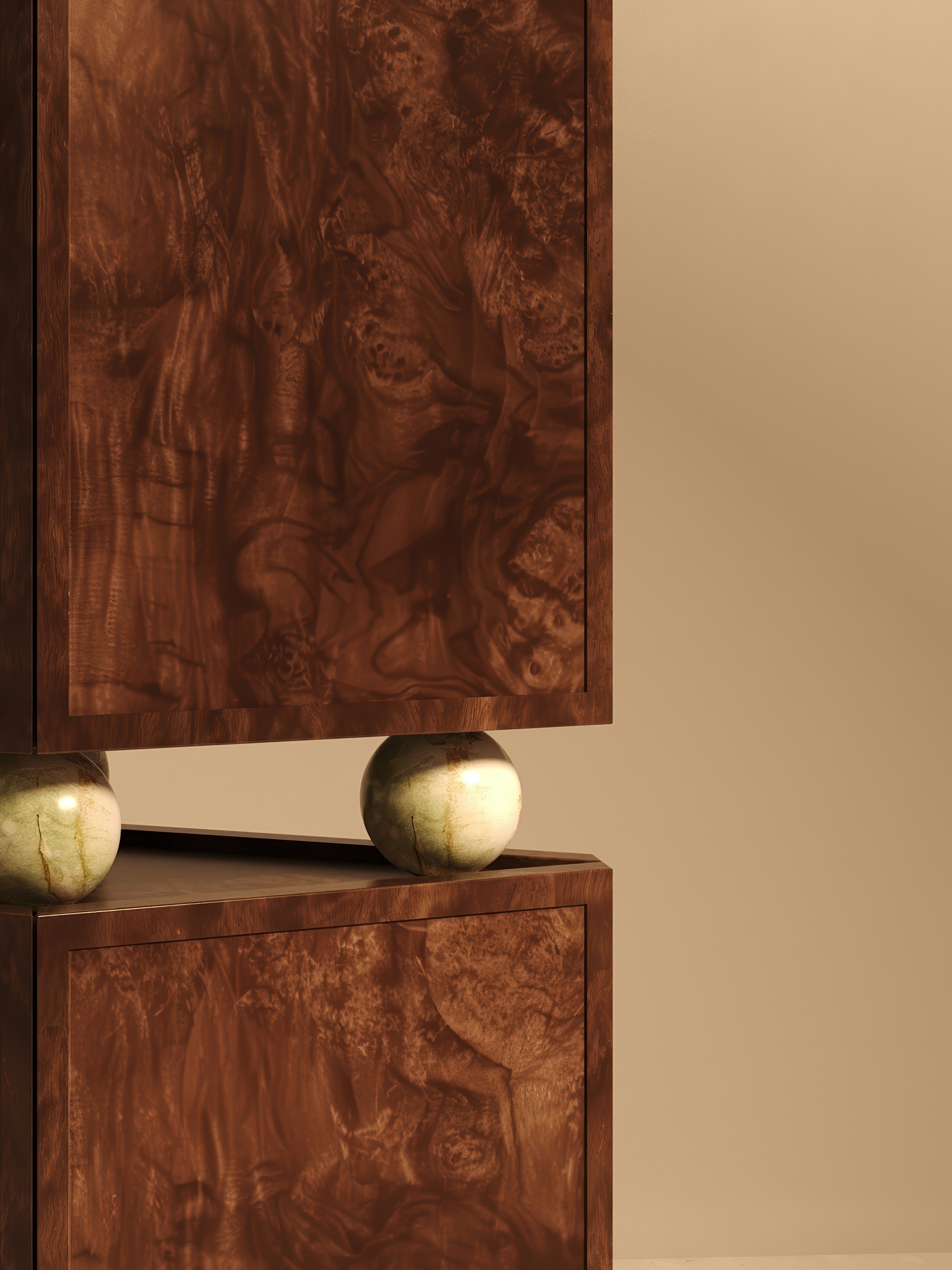 ORO I – Walnut Burl Veneer Cabinet with Onyx Spheres — alternate view