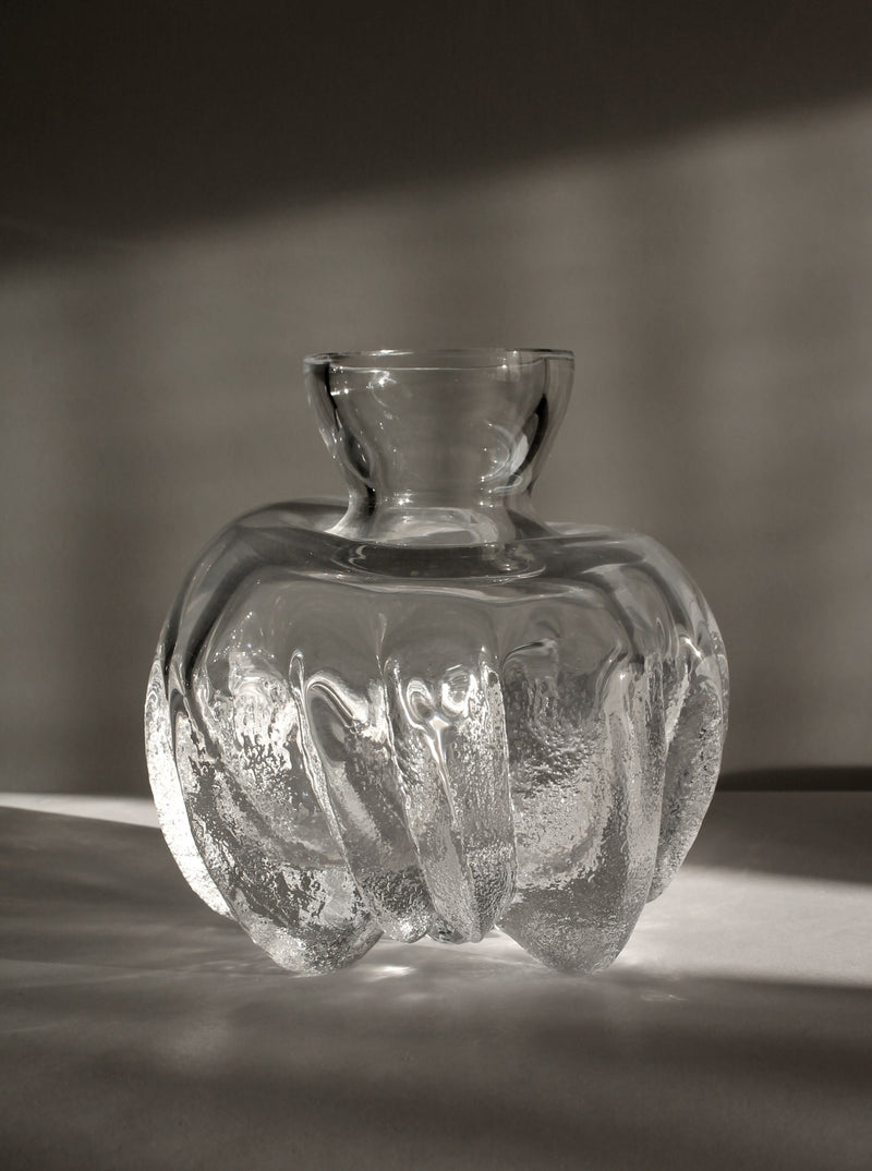 Large crystal glass vase with textured ridged body by Lars Hellsten