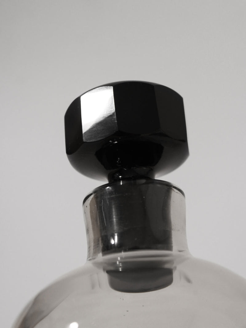 Smoky Black Mid-Century Glass Decanter — close-up of faceted black stopper
