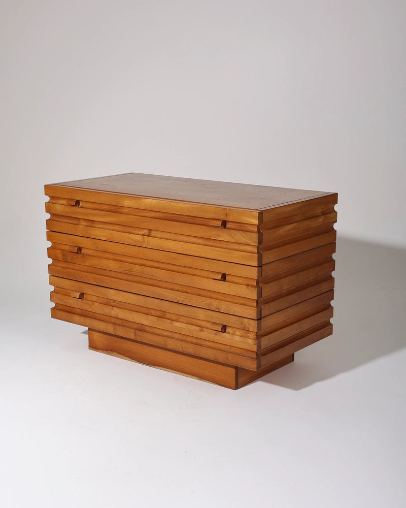 1970s Maison Regain elm wood cabinet with horizontal slat design