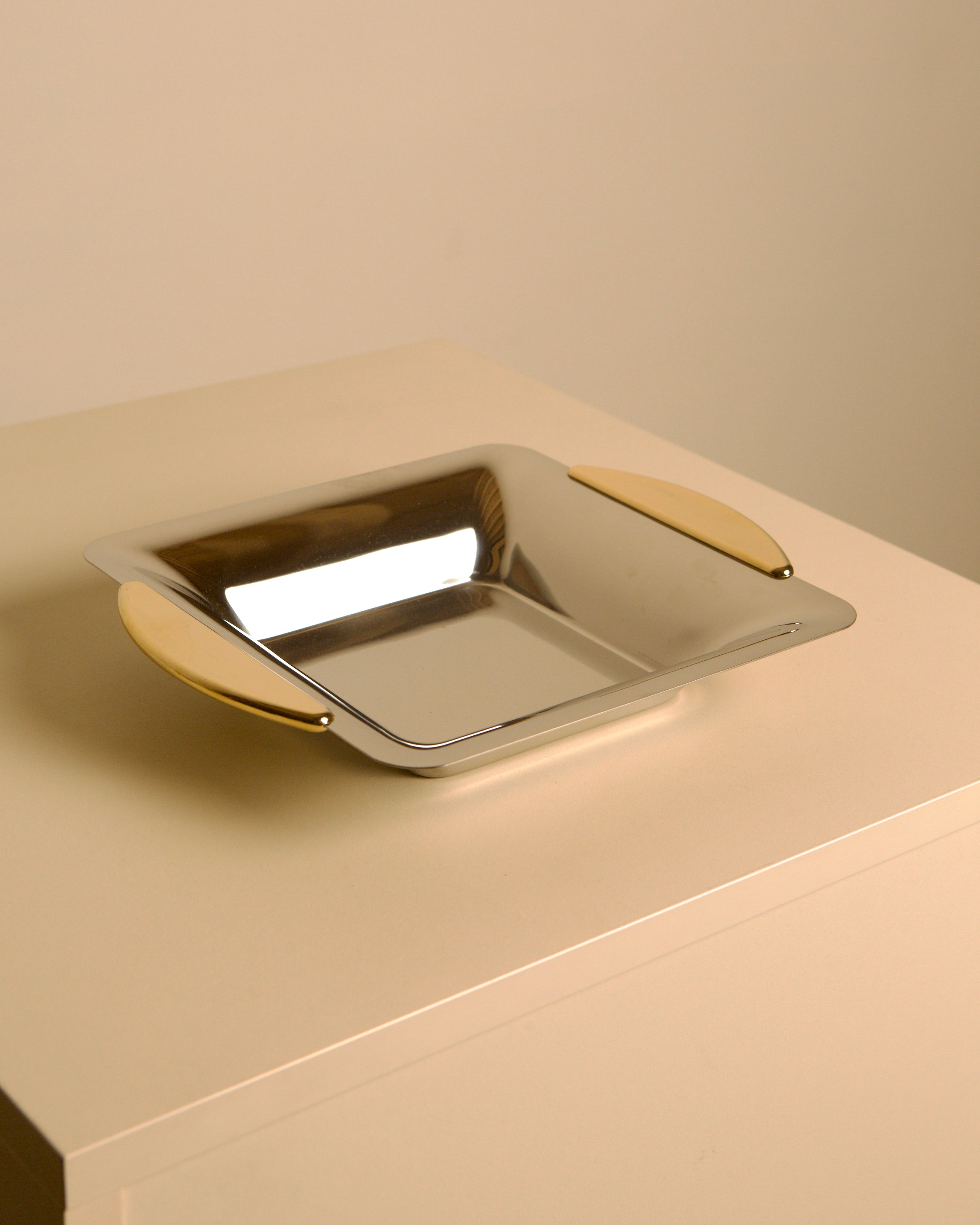 Italian stainless steel trinket tray by Elizabeth Line 80s — side angle