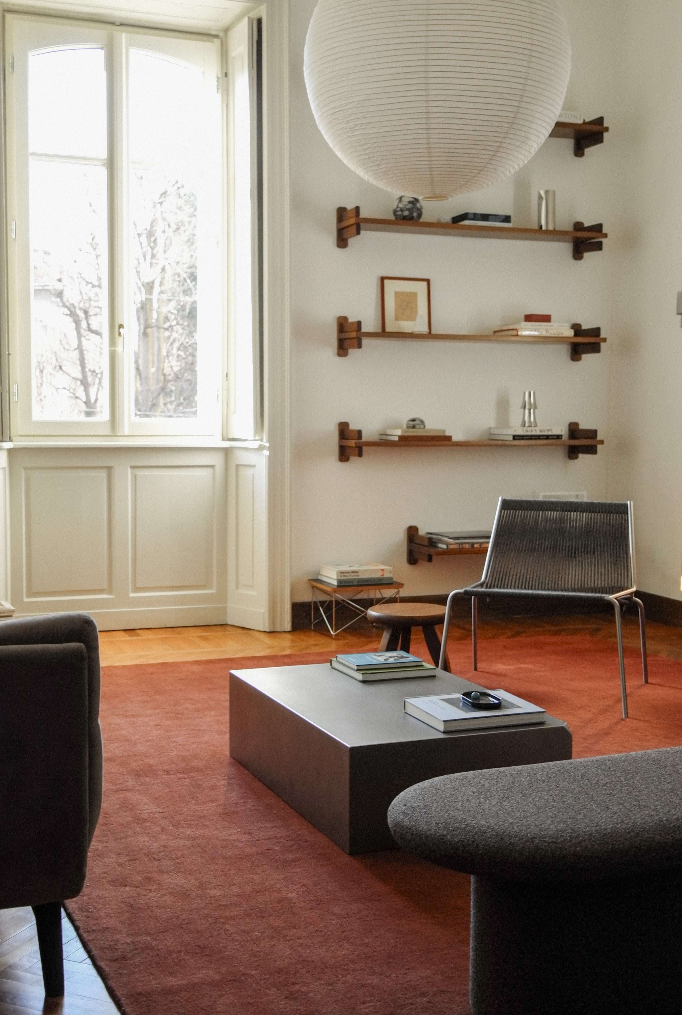 Hand-woven Rug in New Zealand Wool, Rouille — top view in modern living room