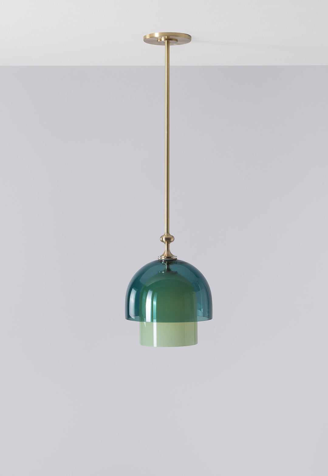SkLO + AvroKO Elizabeth II Pendant - Light Beige and Olivin glass, Antique Brass finish — side angle