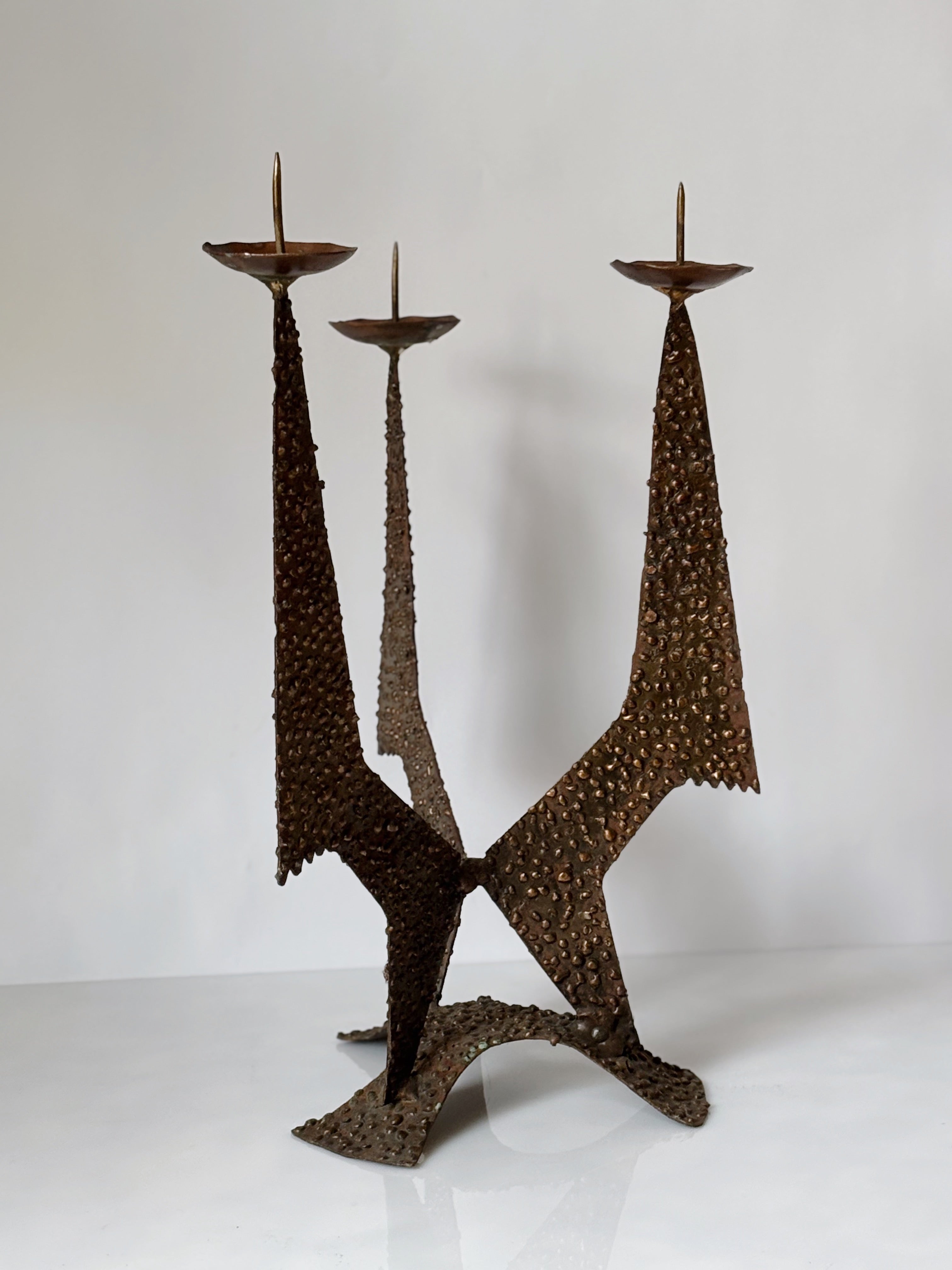 Large Brutalist Molten Metal Geometric Metal Candlestick, Poland Mid Century — close-up