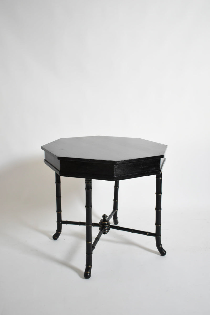 Faux Bamboo Octogonal Table, 1910s — angled view highlighting black finish and bamboo legs