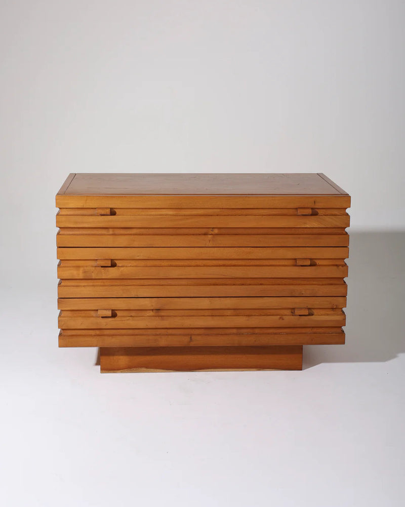 Maison Regain elm wood cabinet with horizontal slat design, 1970s