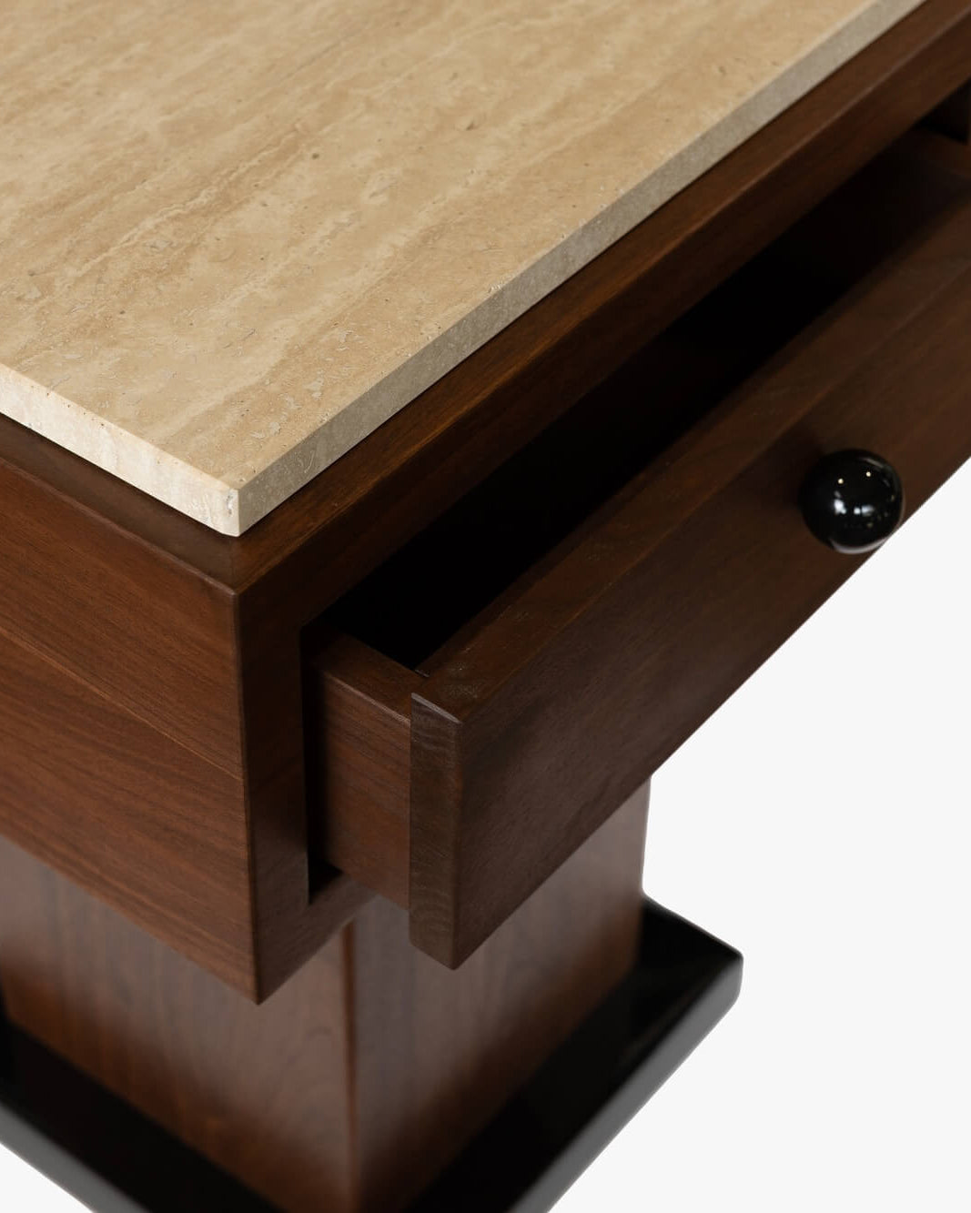 The Nightstand — side angle showing wooden base and stone top