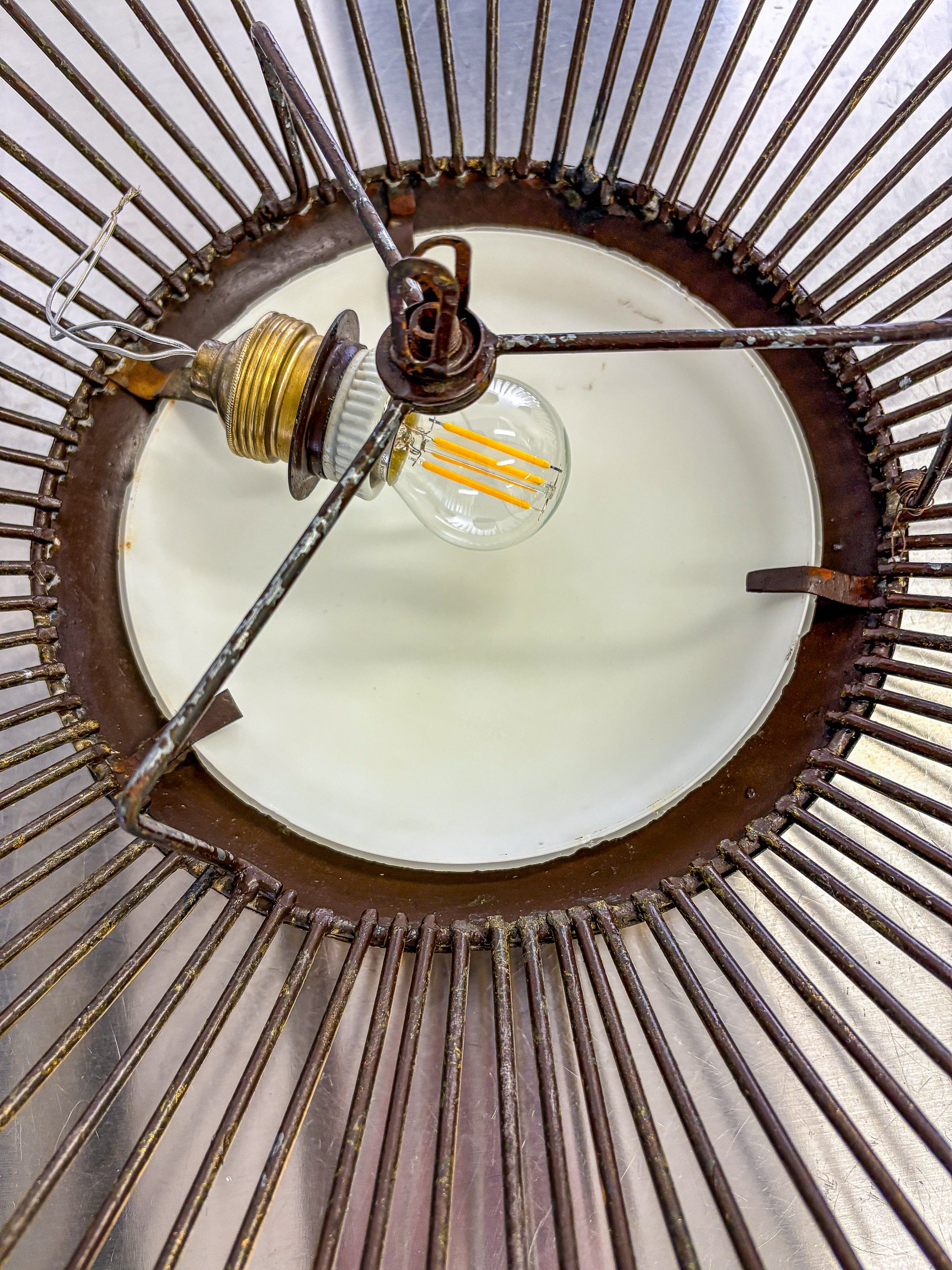 Large Sunburst Brutalist Ceiling Flush Mount or Pendant – Gilt Iron Rays & Opaline, France, 1950s — close-up