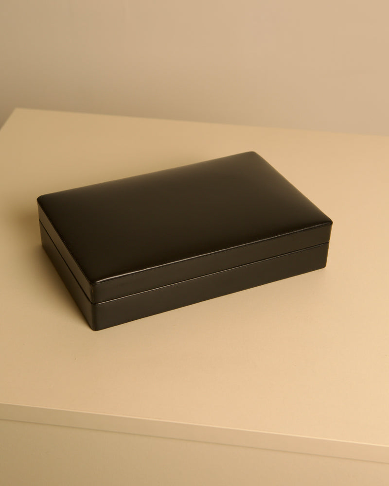 Italian Box in Black Leather, 1960s — top view on neutral surface
