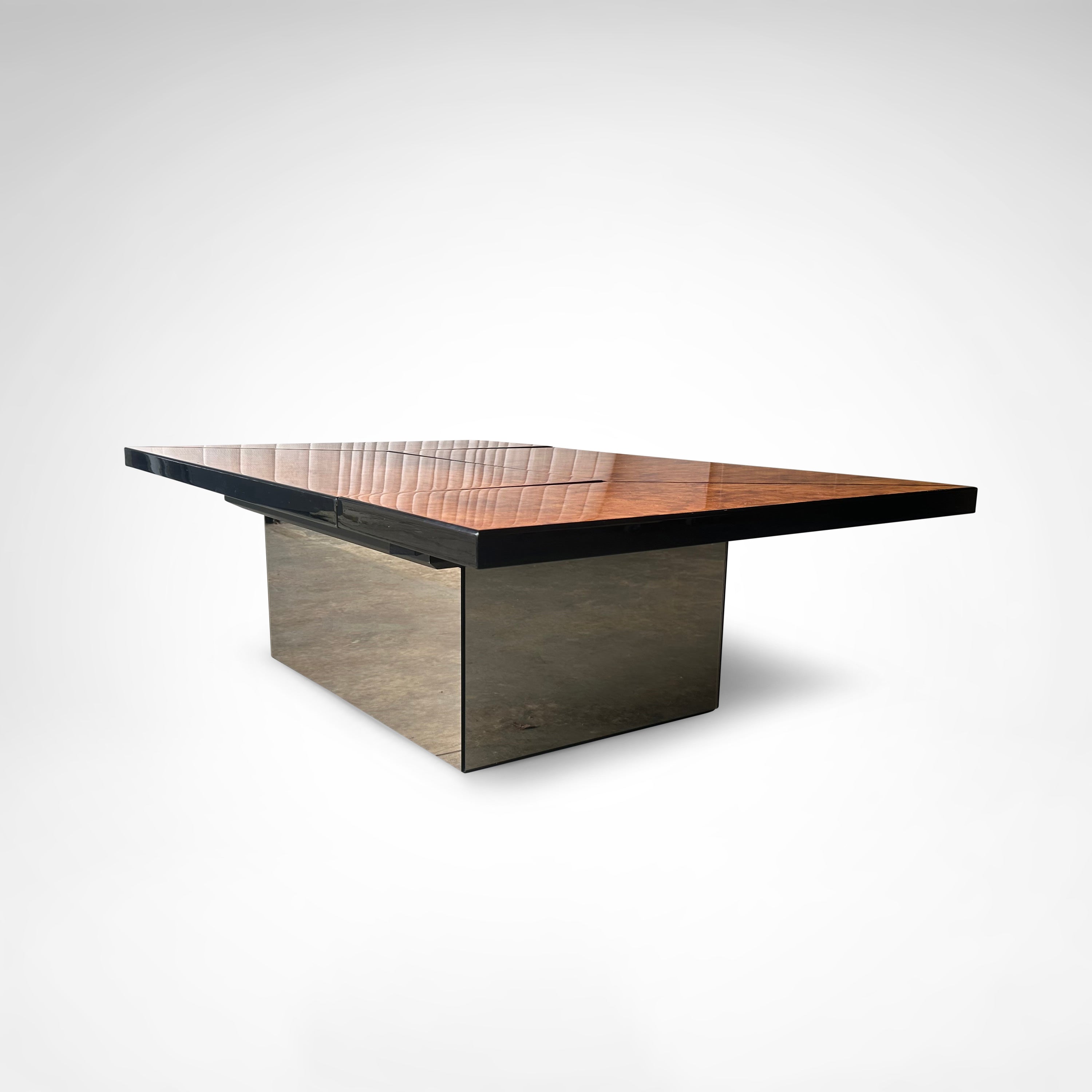 Burl wood coffee table with bar by Paul Michel for Roche Bobois 1980s — angled view showing reflective base and wood grain