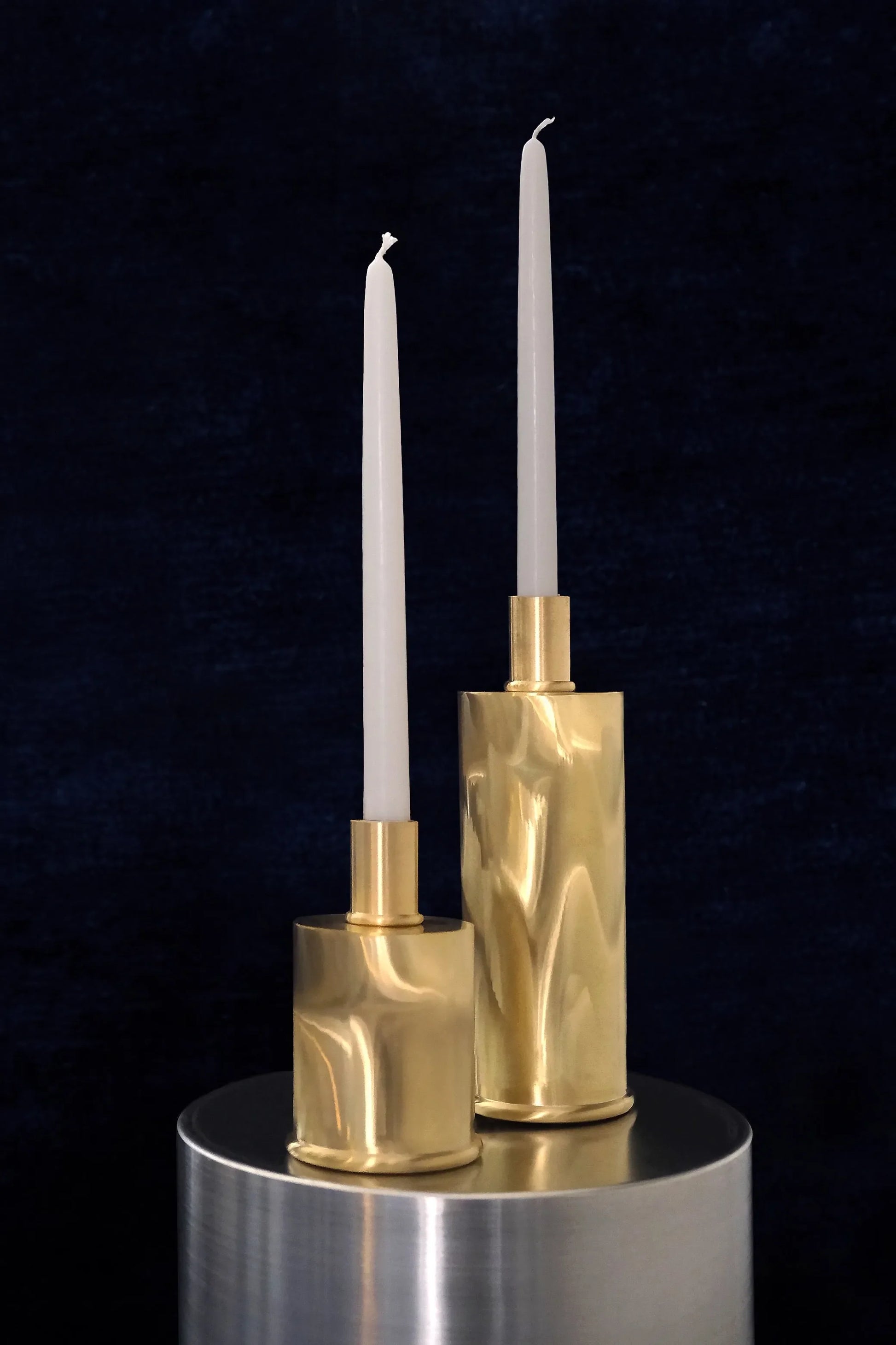 Brushed Brass Candle Holders in Fabric Moiré Design — side angle