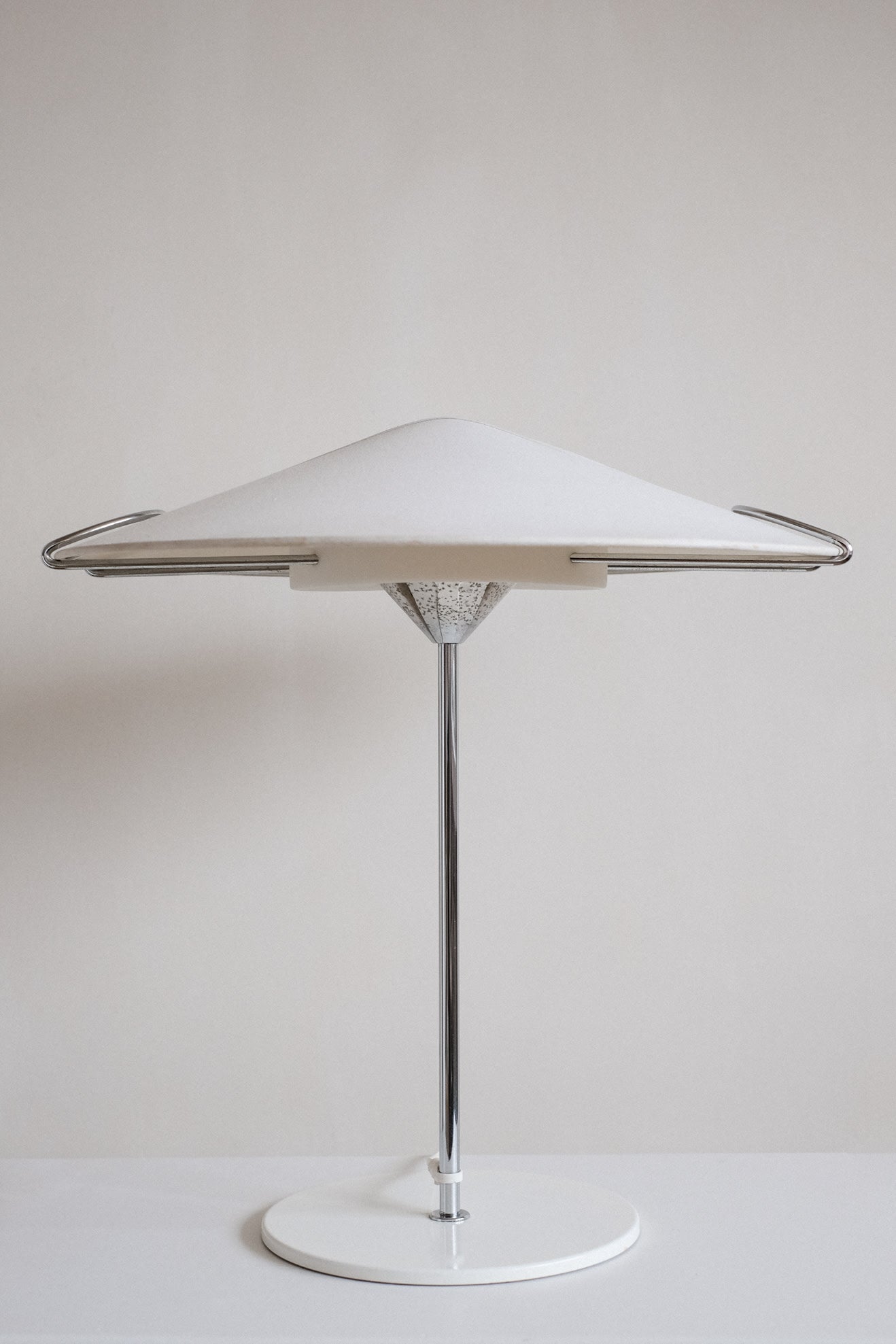 Cello Table Lamp 1980s — front view of white shade and chrome base