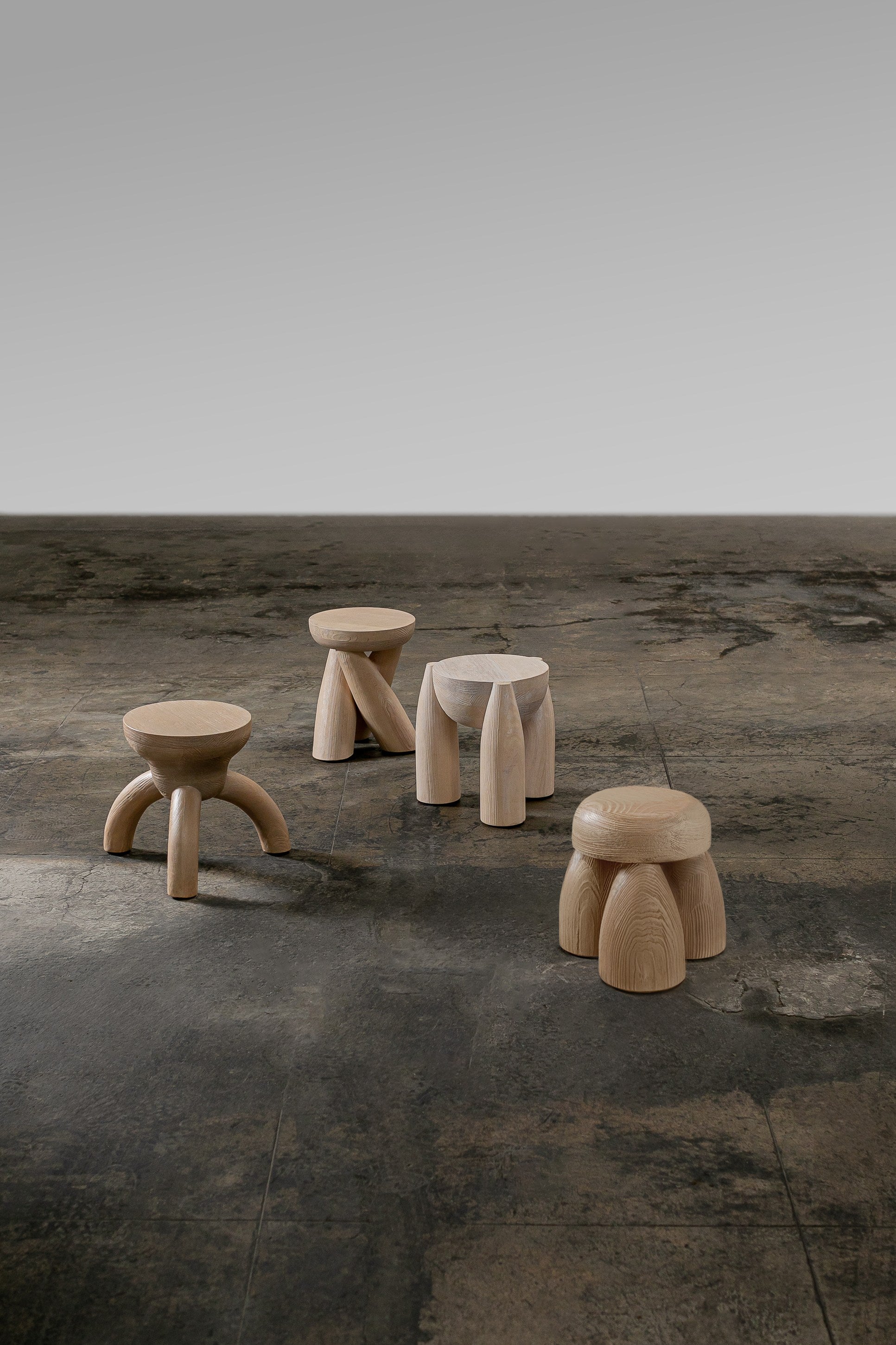 Solid Wood Set of Four Stools - ELEMENTOS by Daniel Couttolenc, Natural Finish — side angle