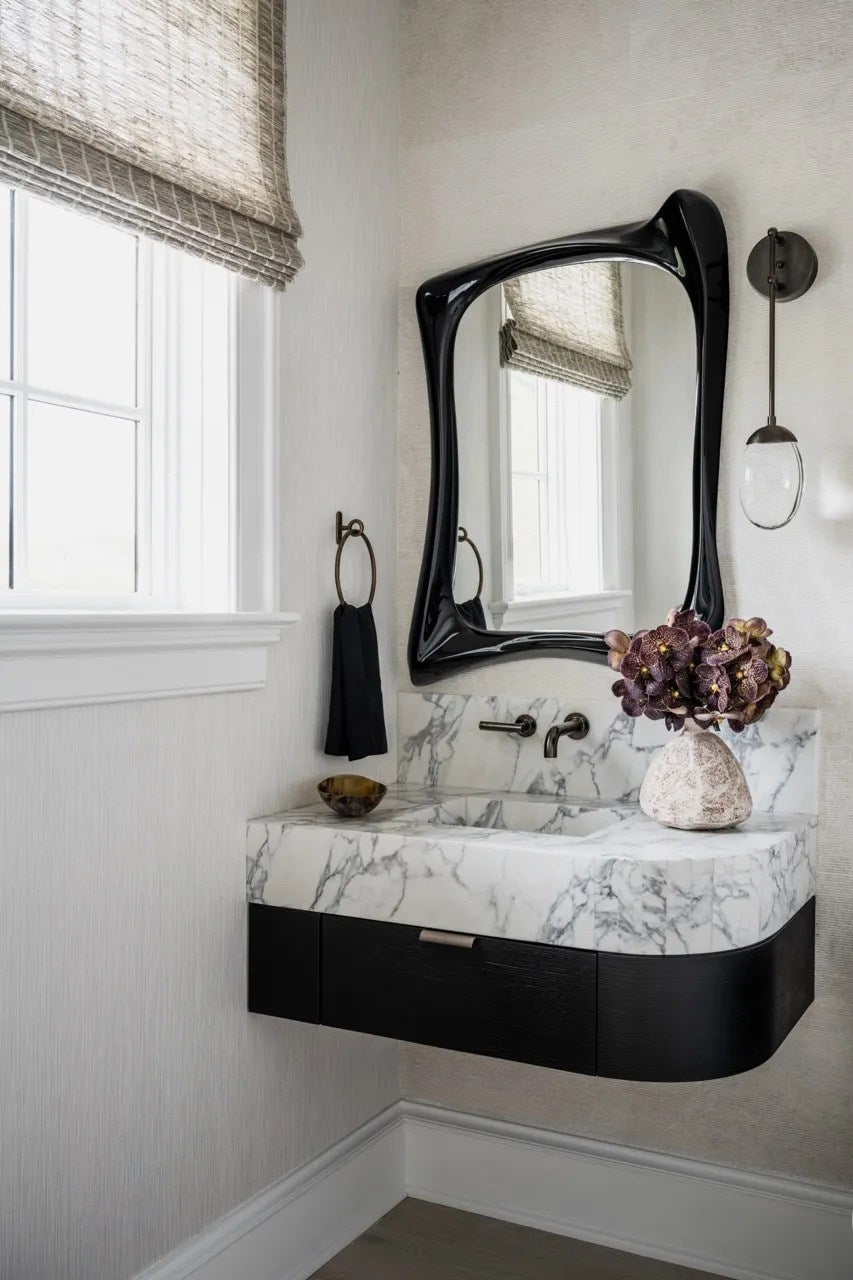 Contemporary Mirror in Wood - Narcissus Collection — back view in modern bathroom setting
