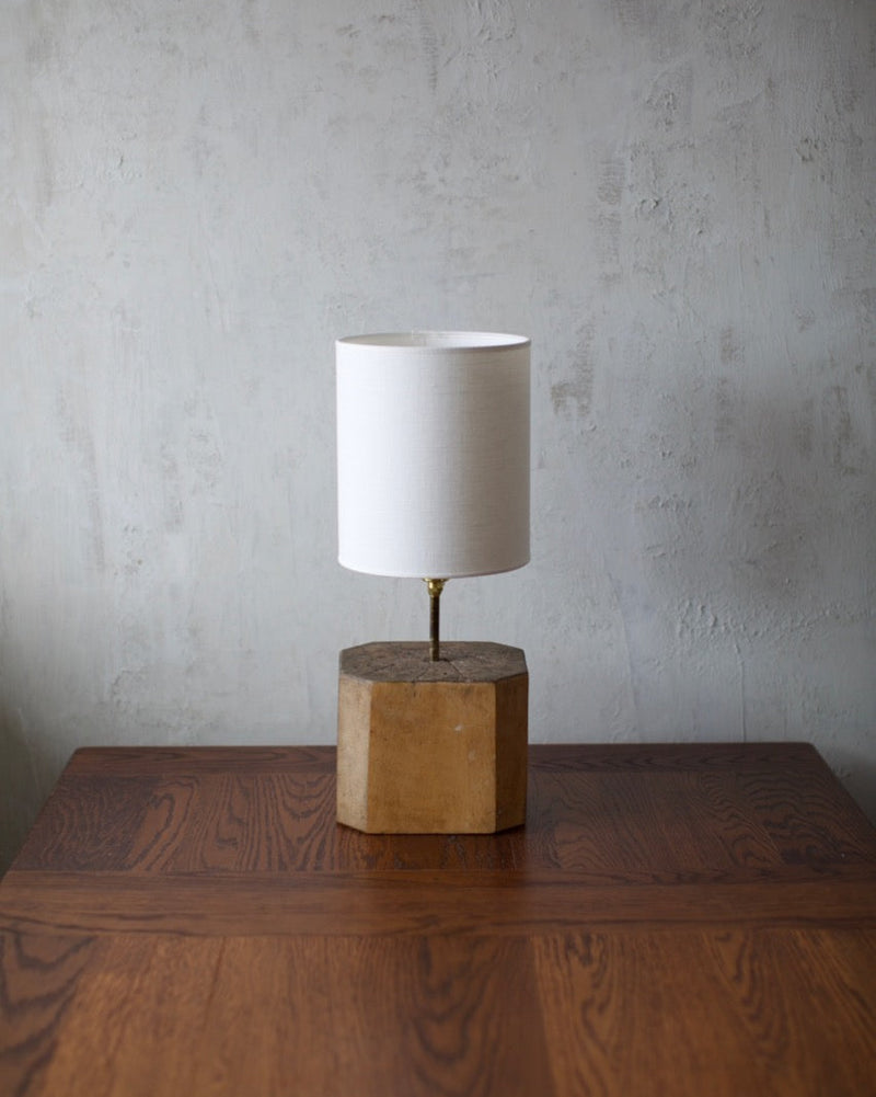 1960's Table Lamp — close-up of wooden base with white shade