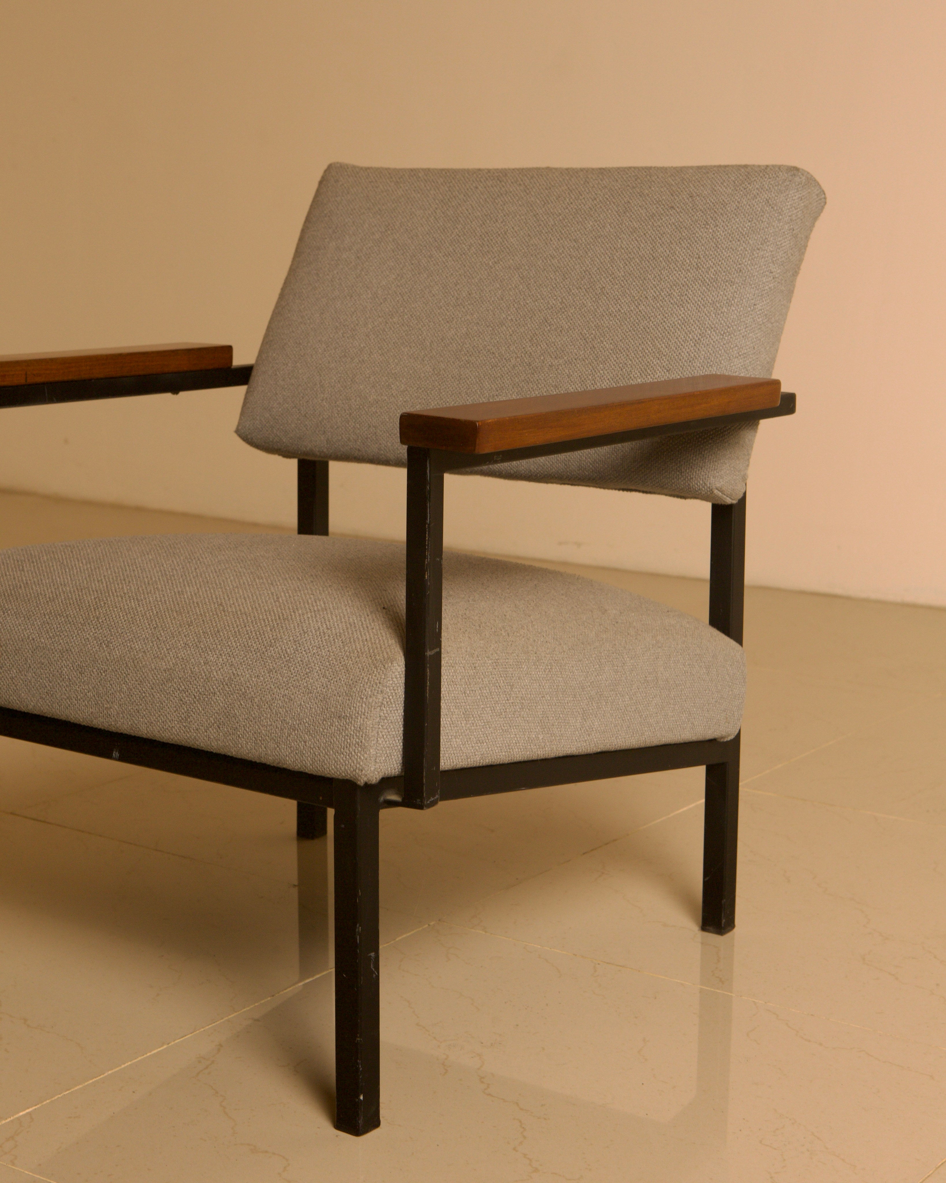 Lounge Chair by Gijs van der Sluis, 1960s — back view highlighting grey upholstery and wooden arms