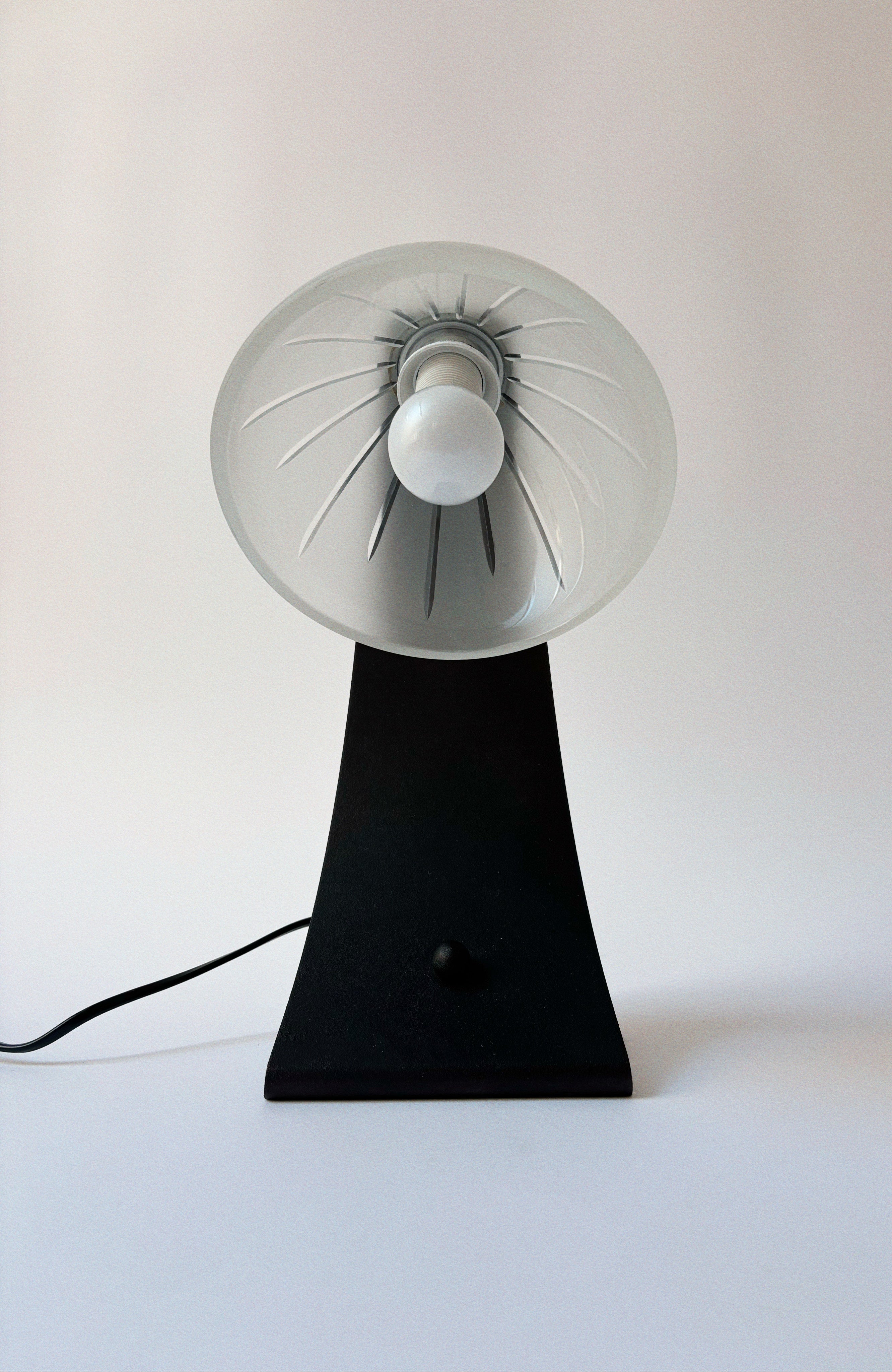 Arched Metal and Glass Lamp, Italy c. 1990’s - 2000’s — front view highlighting glass shade and black base