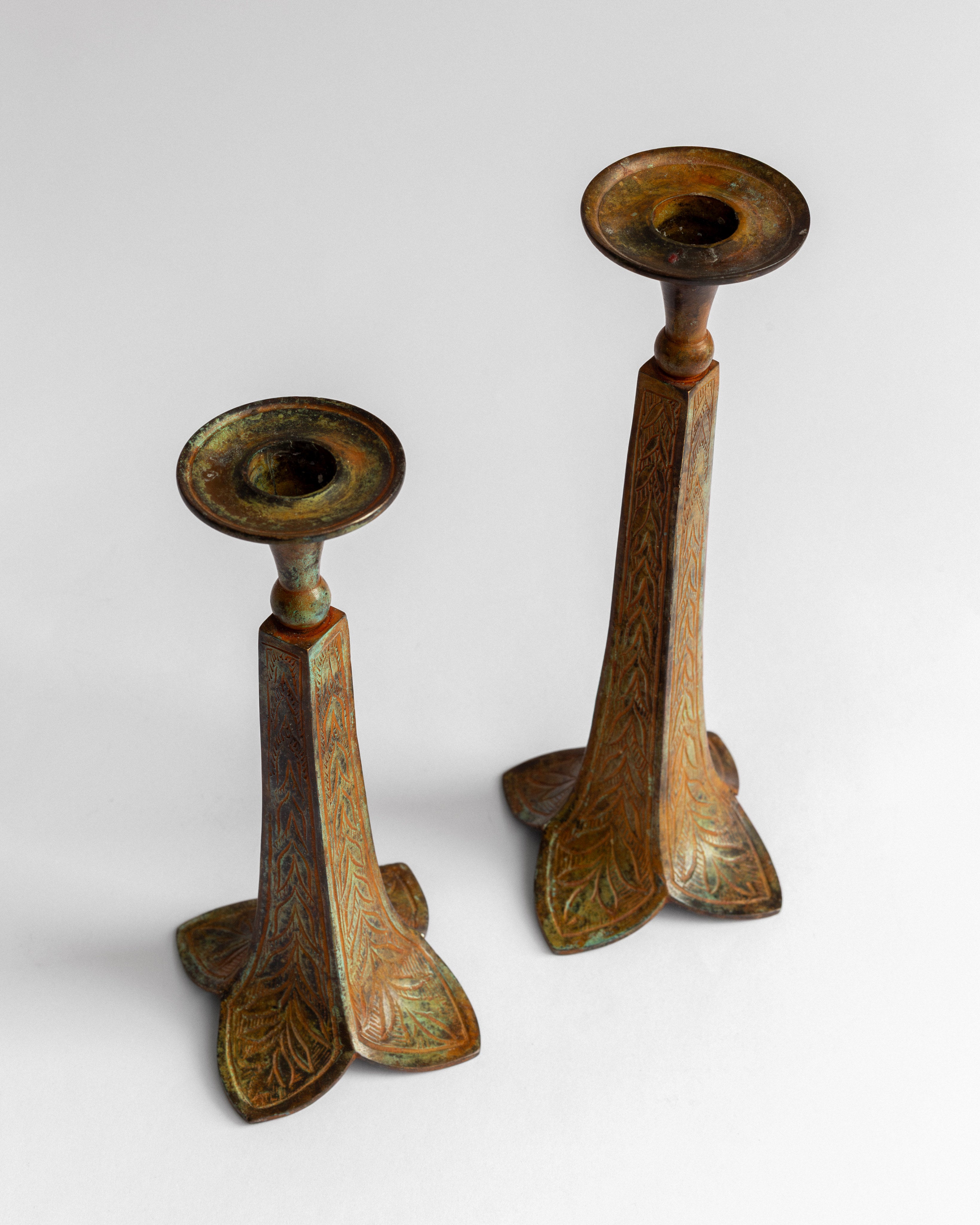 Pair of Sculptural Bronze Candlesticks/Vases with Patina — detail view