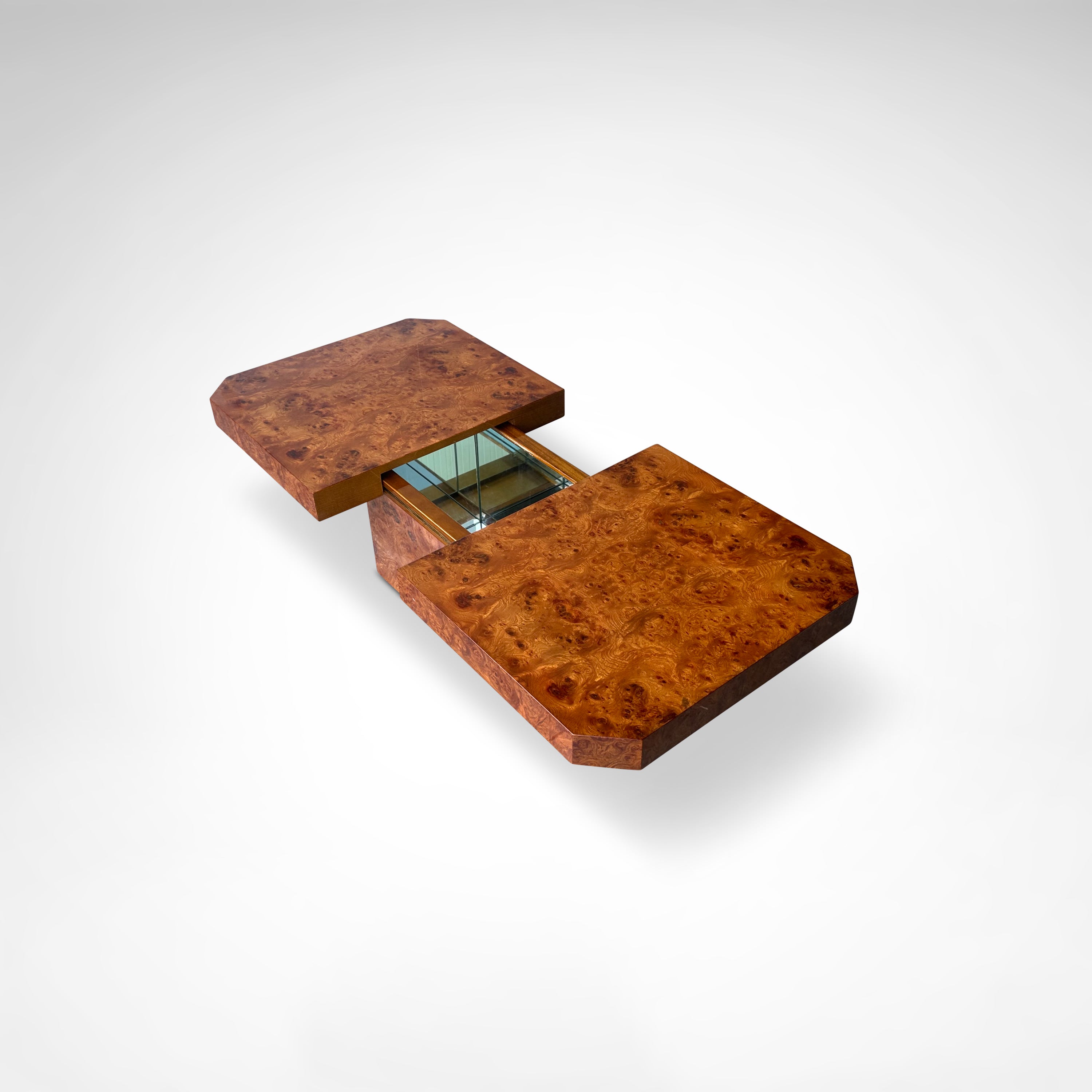 Burl wood coffee table with bar by Maison Lancel France 1980s — top view showing textured wood surface and glass insert
