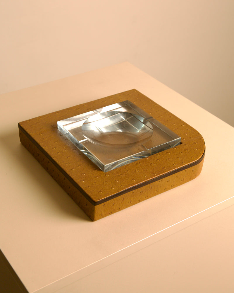 Glass and Faux Ostrich Leather Ashtray, Italy, 1980s by Treaptyque | The Oblist