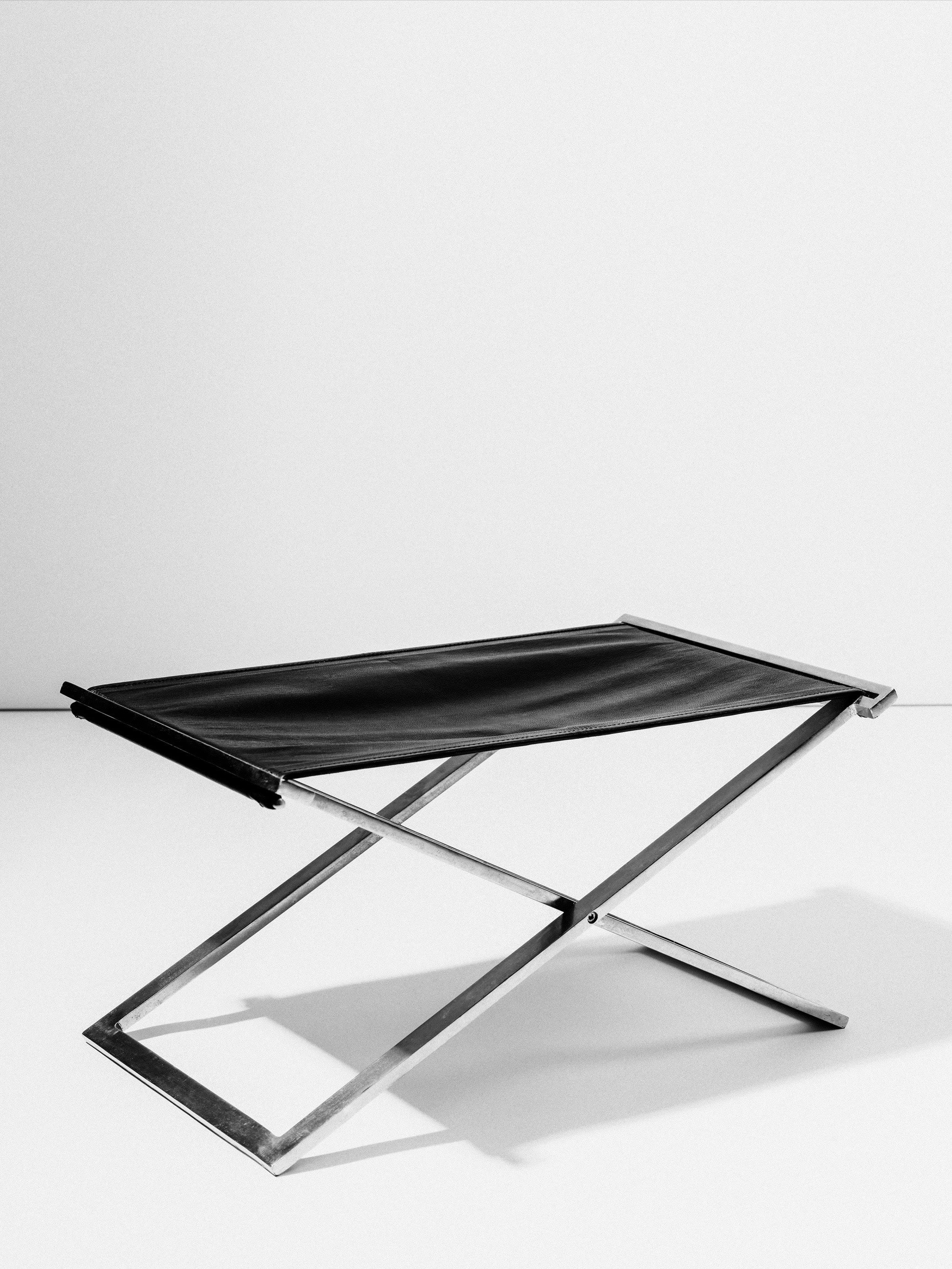 Rough #1 Folding Stool, Steel and Leather, Danish Modernist, Late 20th Century — detail view