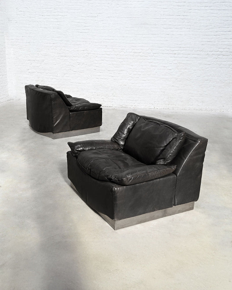 Pair of black leather Frigerio armchairs on metal base, 1960s