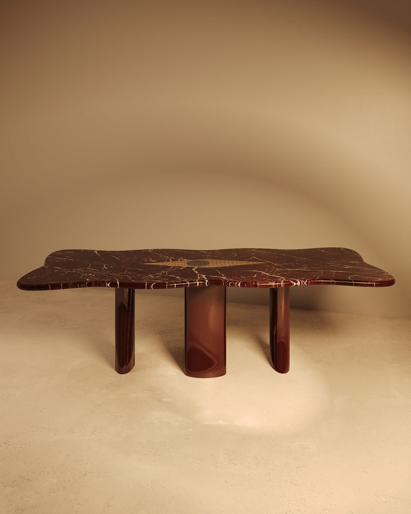 NAZAR marble dining table with dark veined top and lacquer legs