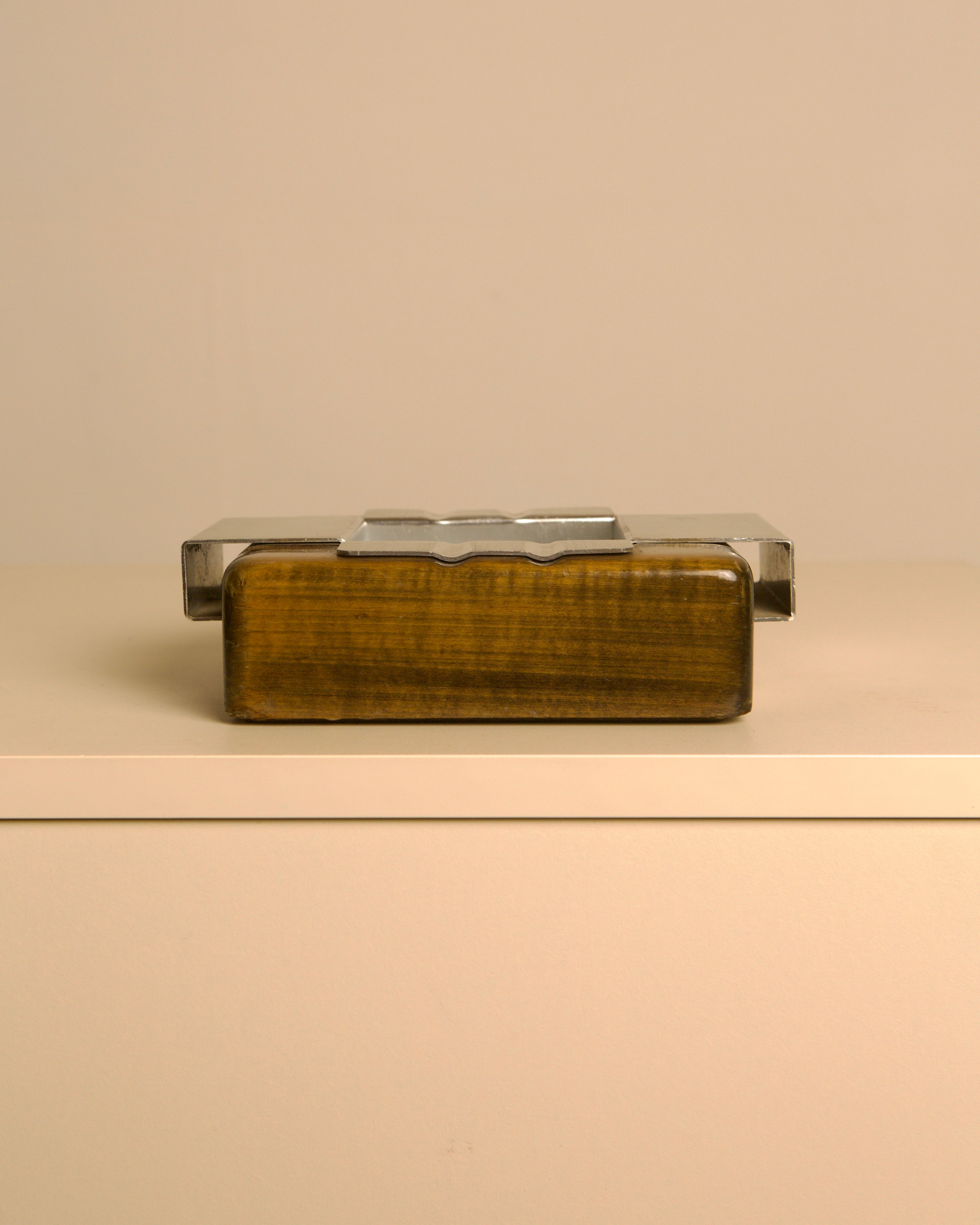 Italian Wood and Brushed Metal Ashtray, 1980s  — detail view