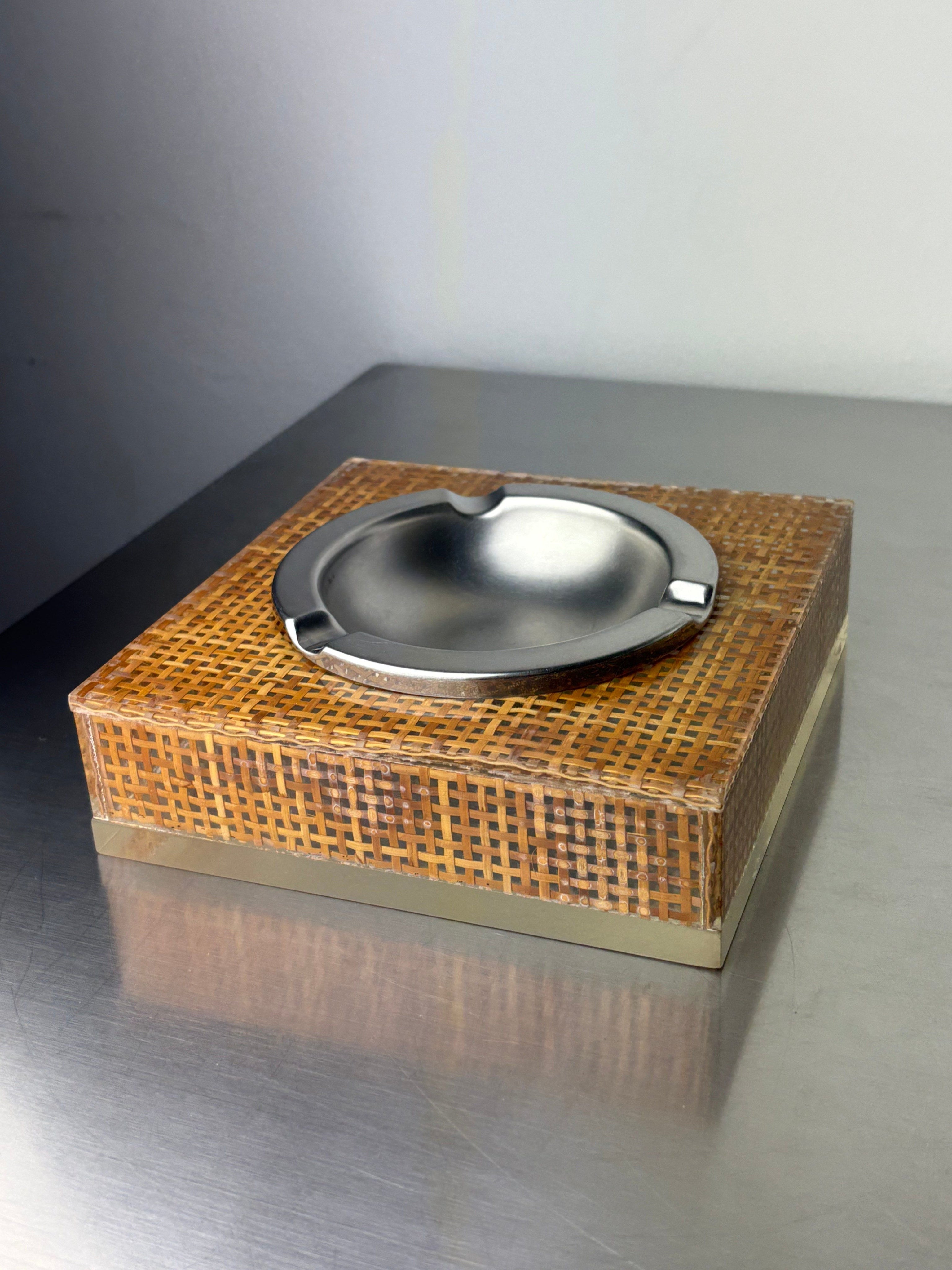 Lucite & Rattan Ashtray, 1970s — side angle showing woven rattan texture
