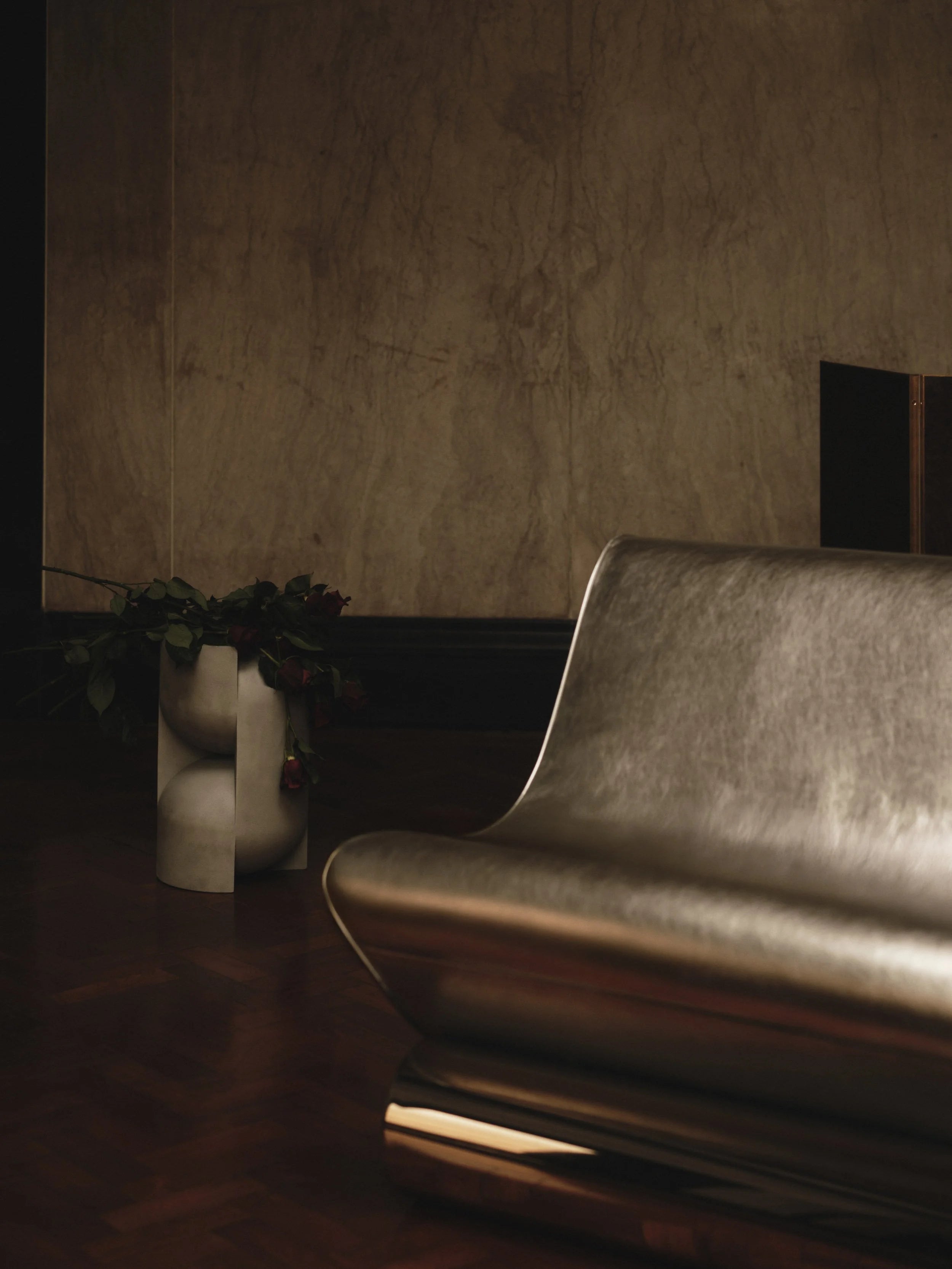 Contemporary Lounge Chair in Silver Leather and Chrome - Vanguard by Studio Brocky — side angle