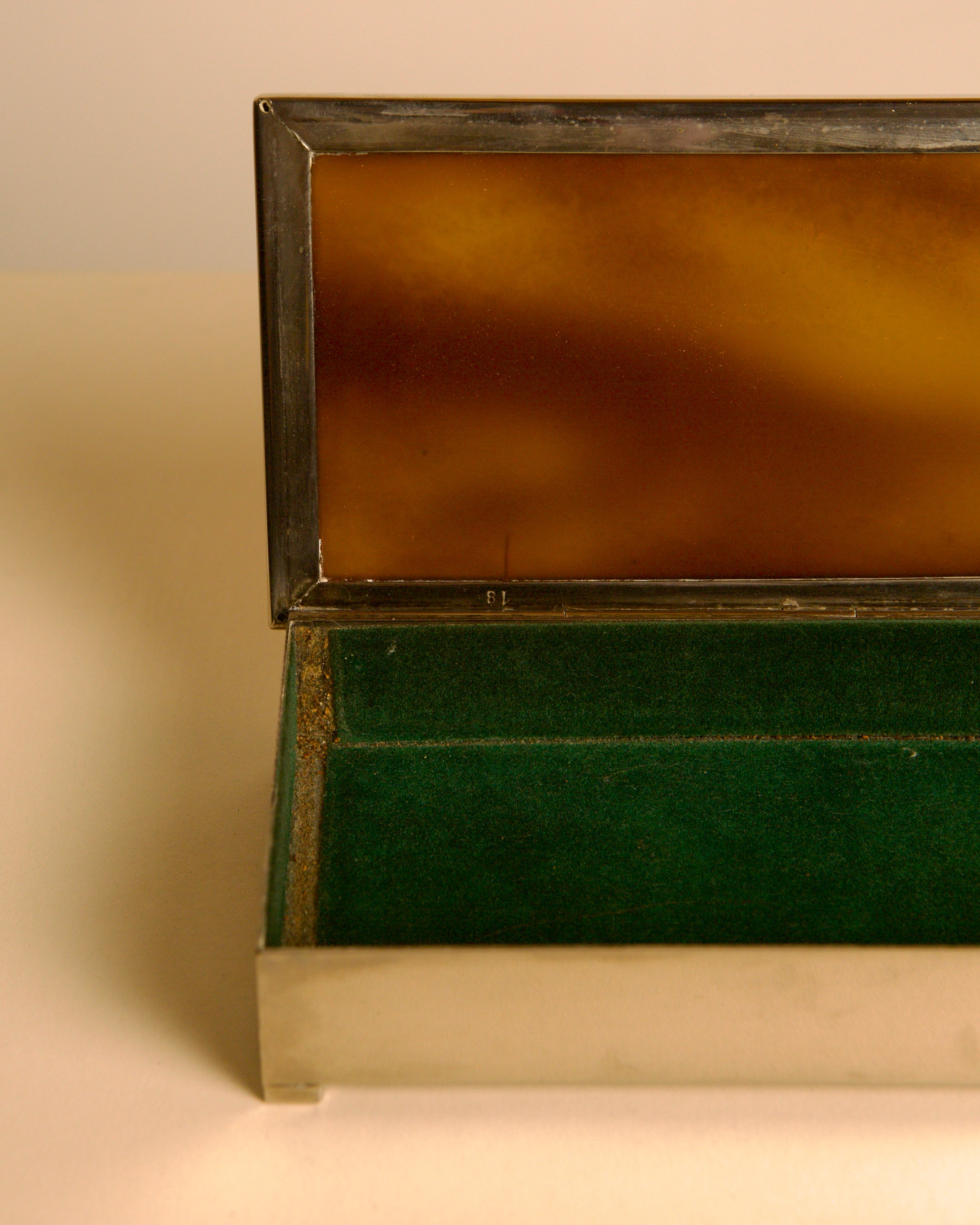 Italian rectangular box in chrome metal, amber faux tortoiseshell lacquer and green velvet — side angle