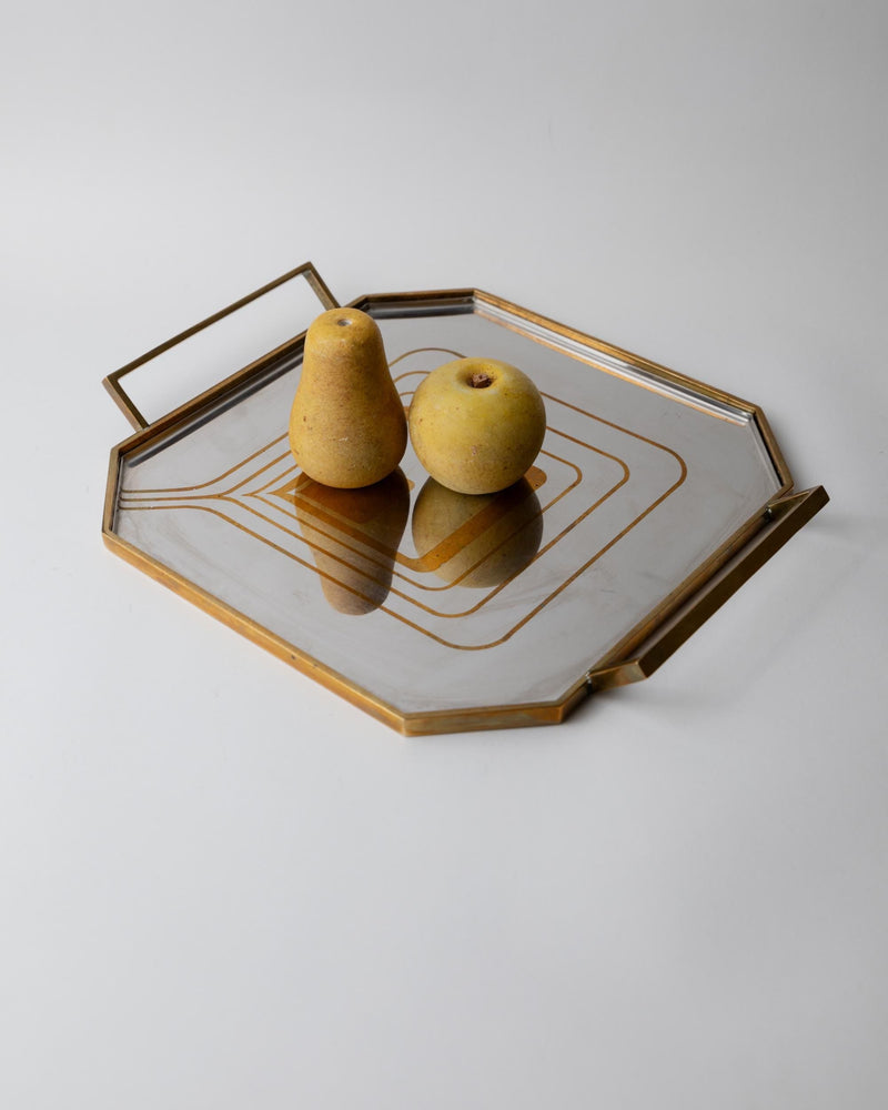 Vintage 1970s Octagonal Stainless Steel Tray, Brass Rim with Mid Century Pattern Design, Polished Serving Tray, Elegant Barware, Gift Idea by Bottega Jacobs