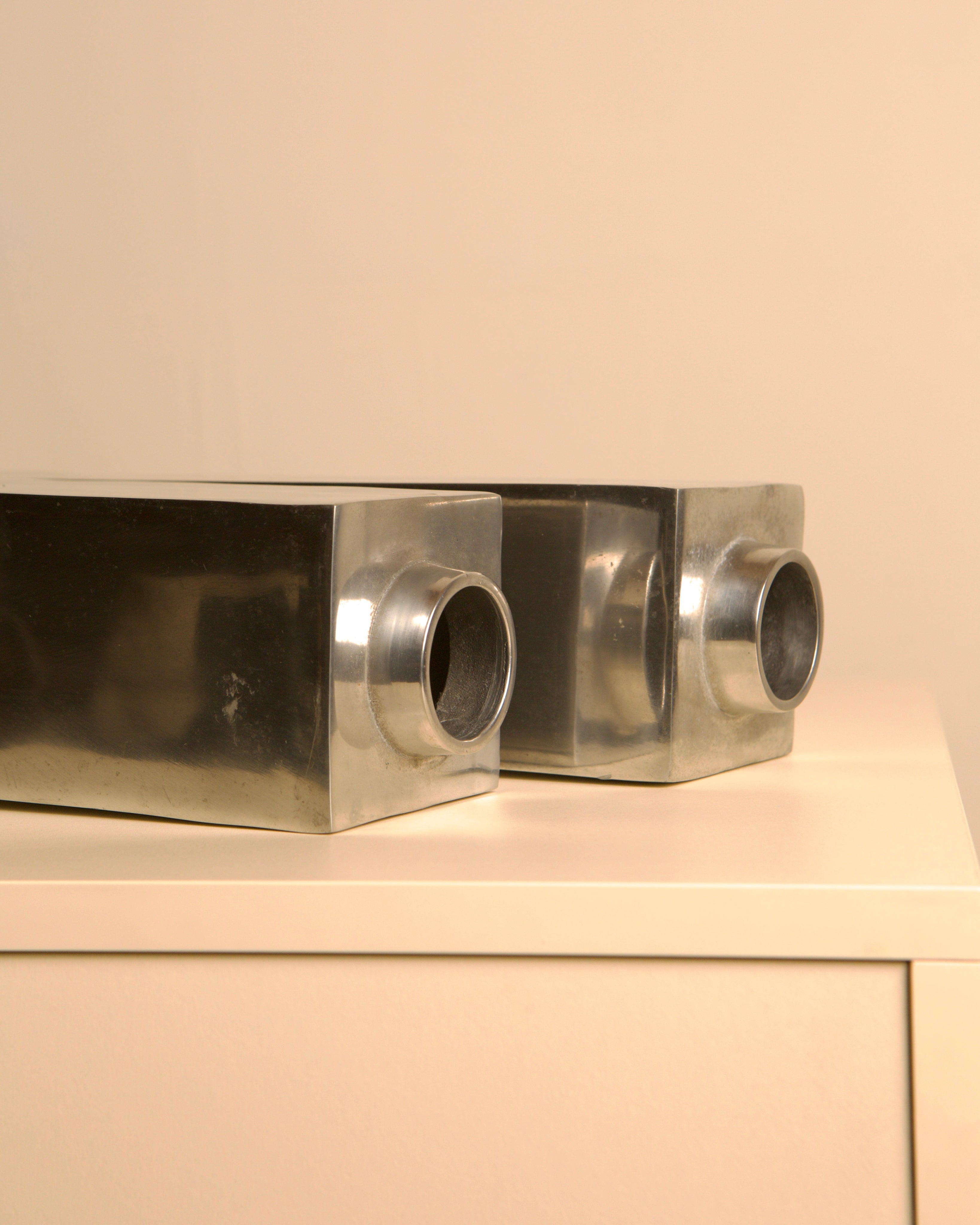 Pair of Italian "Colonne" Cast Aluminum Vases, 1980s — close-up