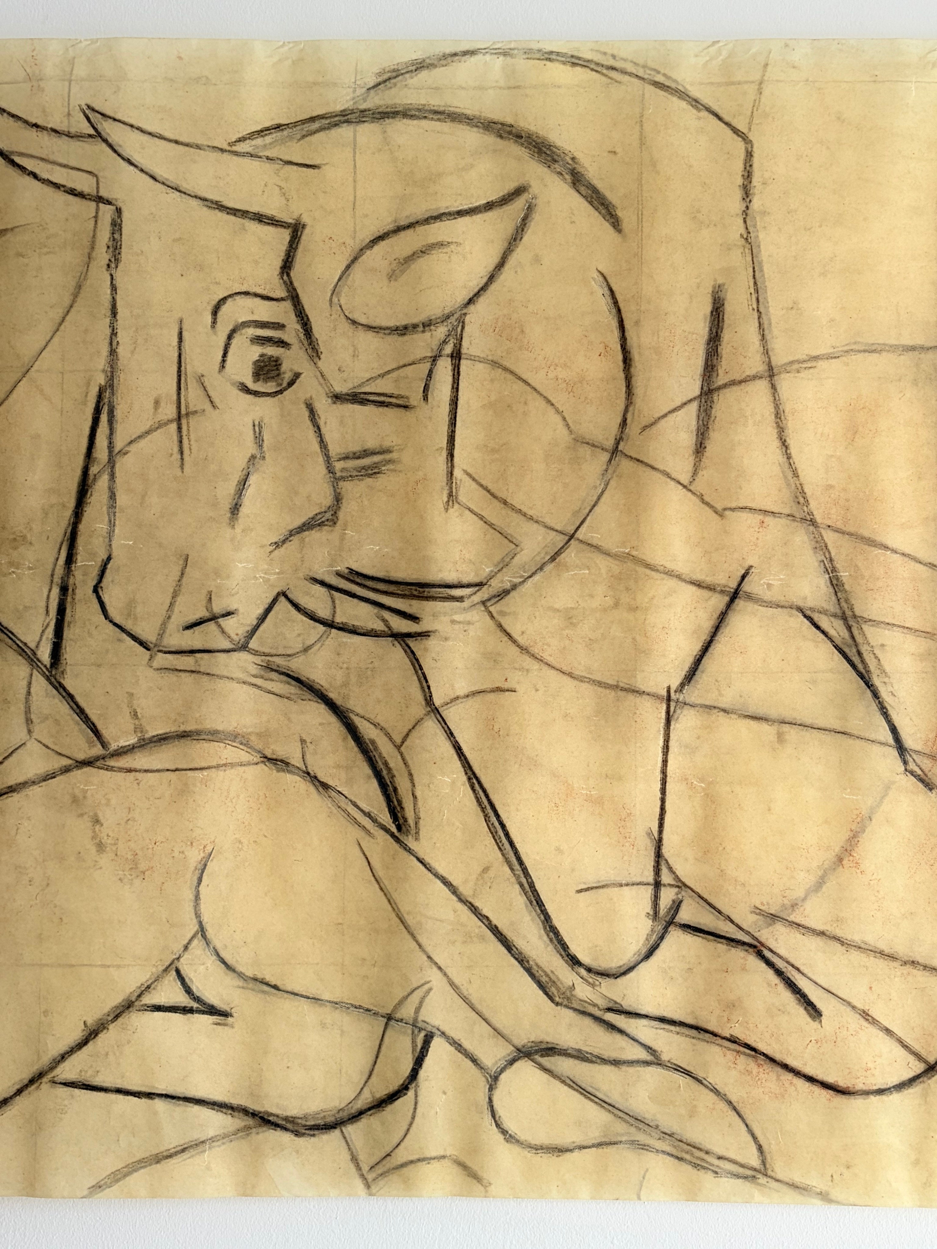 Monumental Art Deco Minotaur Drawing by Émile Courtin, 1940s — detail view