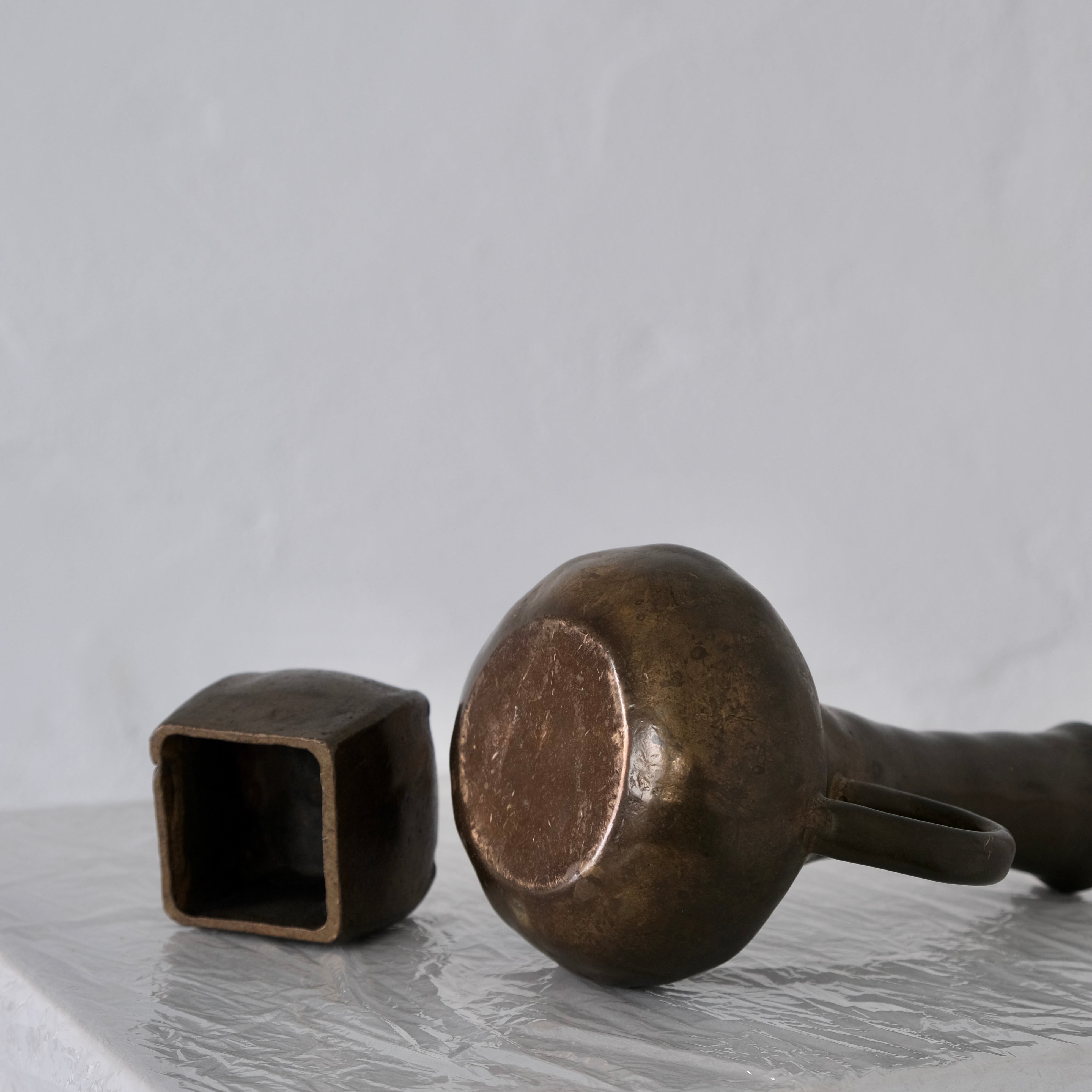 Brutalist Cast Bronze Candle Holder & Vase Set, 1970s — back view highlighting bronze texture and form