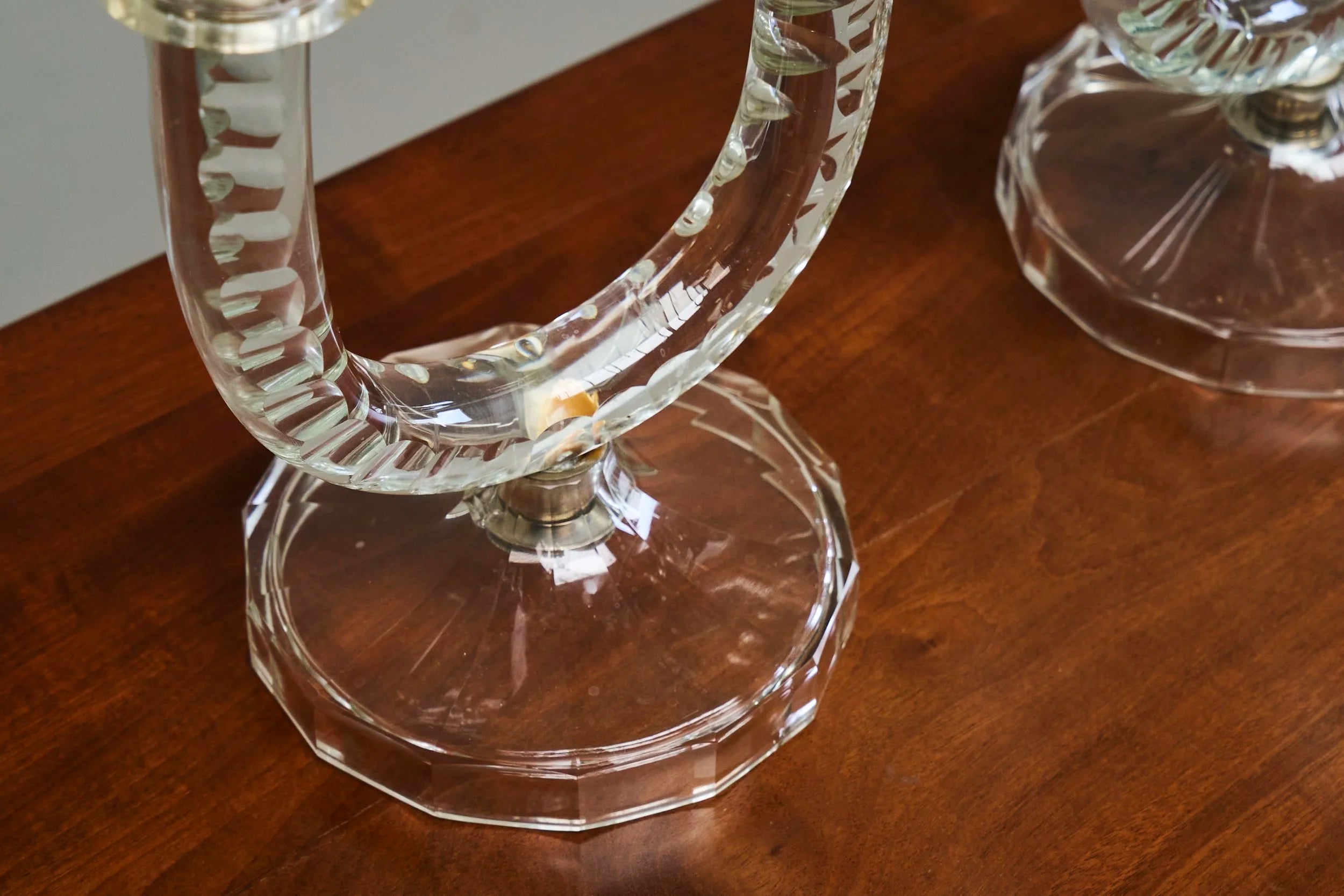 Wonderful Pair of Crystal Art Deco Candle Holders, France 1930s — side angle