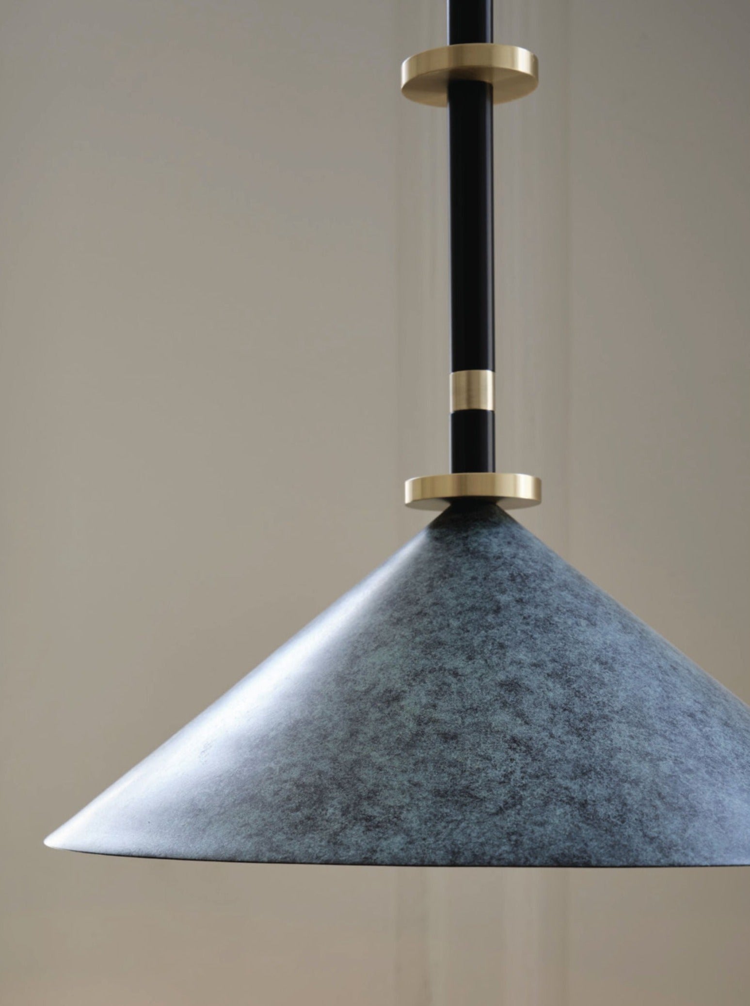 Louisa I Ceiling Light — close-up of gray metal shade with brass accents