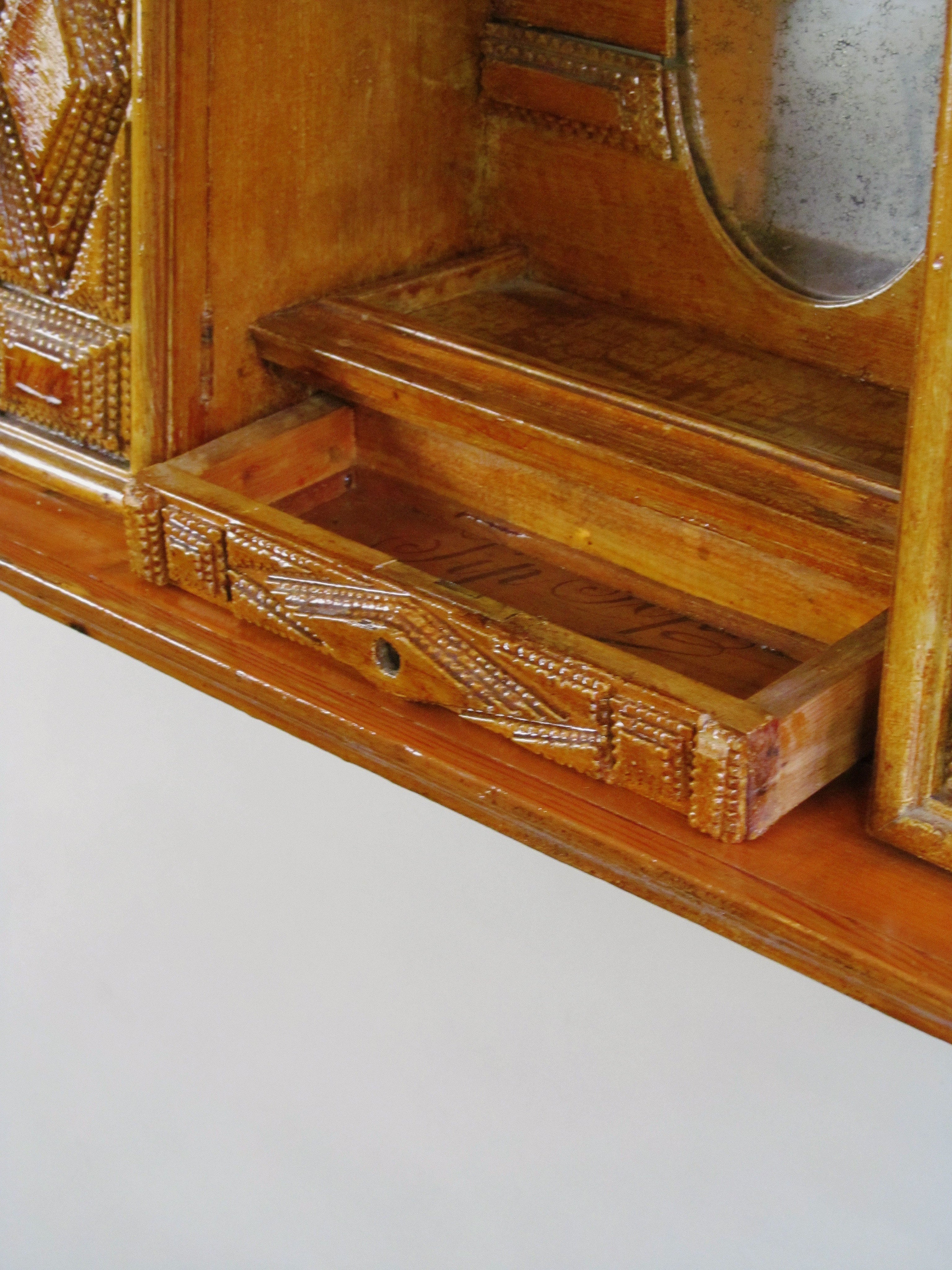 Tramp Art Wall Shelf 1890 - 1915 — close-up of handcrafted wooden drawer detail