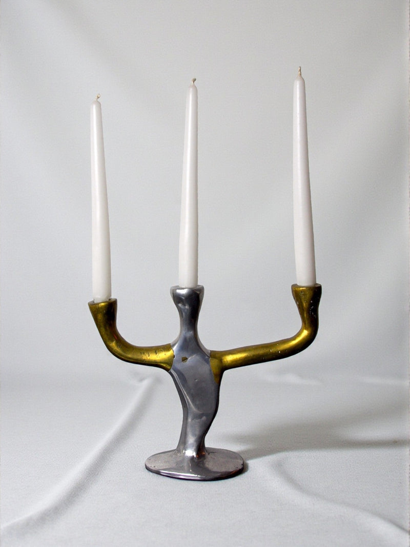 Brutalist Candleholder 3 arms David Marshall, Spain, 1970 by Malamar Studio | The Oblist — metallic finish, handcrafted desig