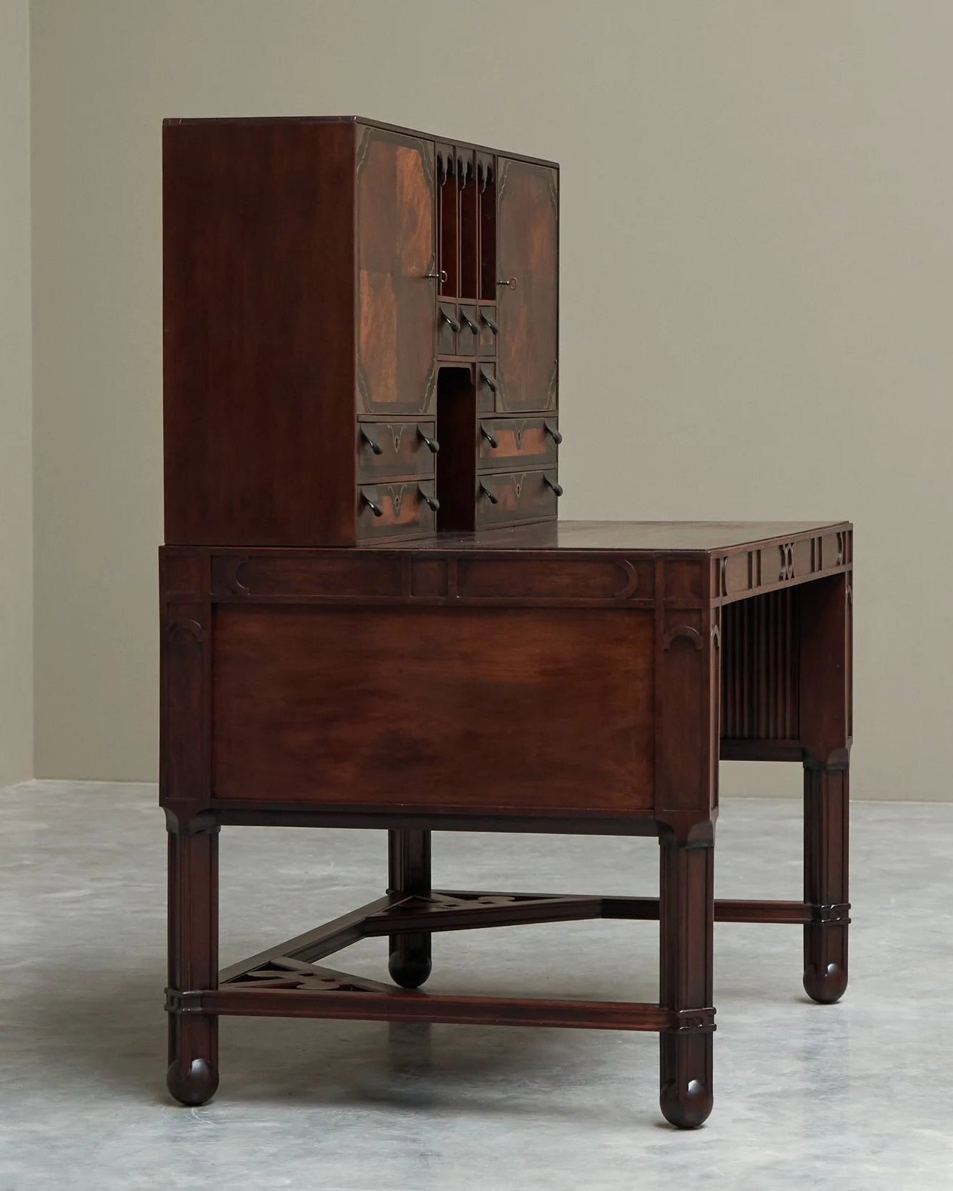 Exceptional Secretary Desk in Mahogany, Walnut, Ebony and Brass, Early 20th Century — view 9