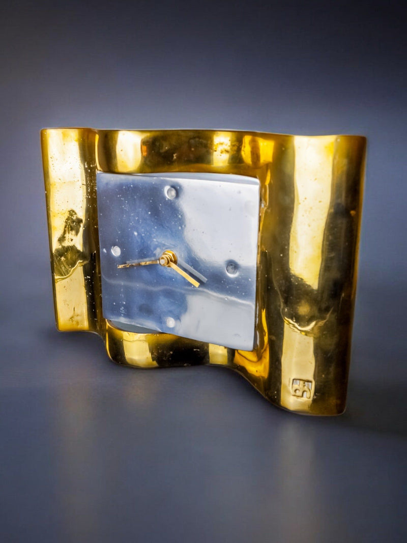 Brutalist Clock by David Marshall, 1970s, Spain — close-up of polished brass and silver face